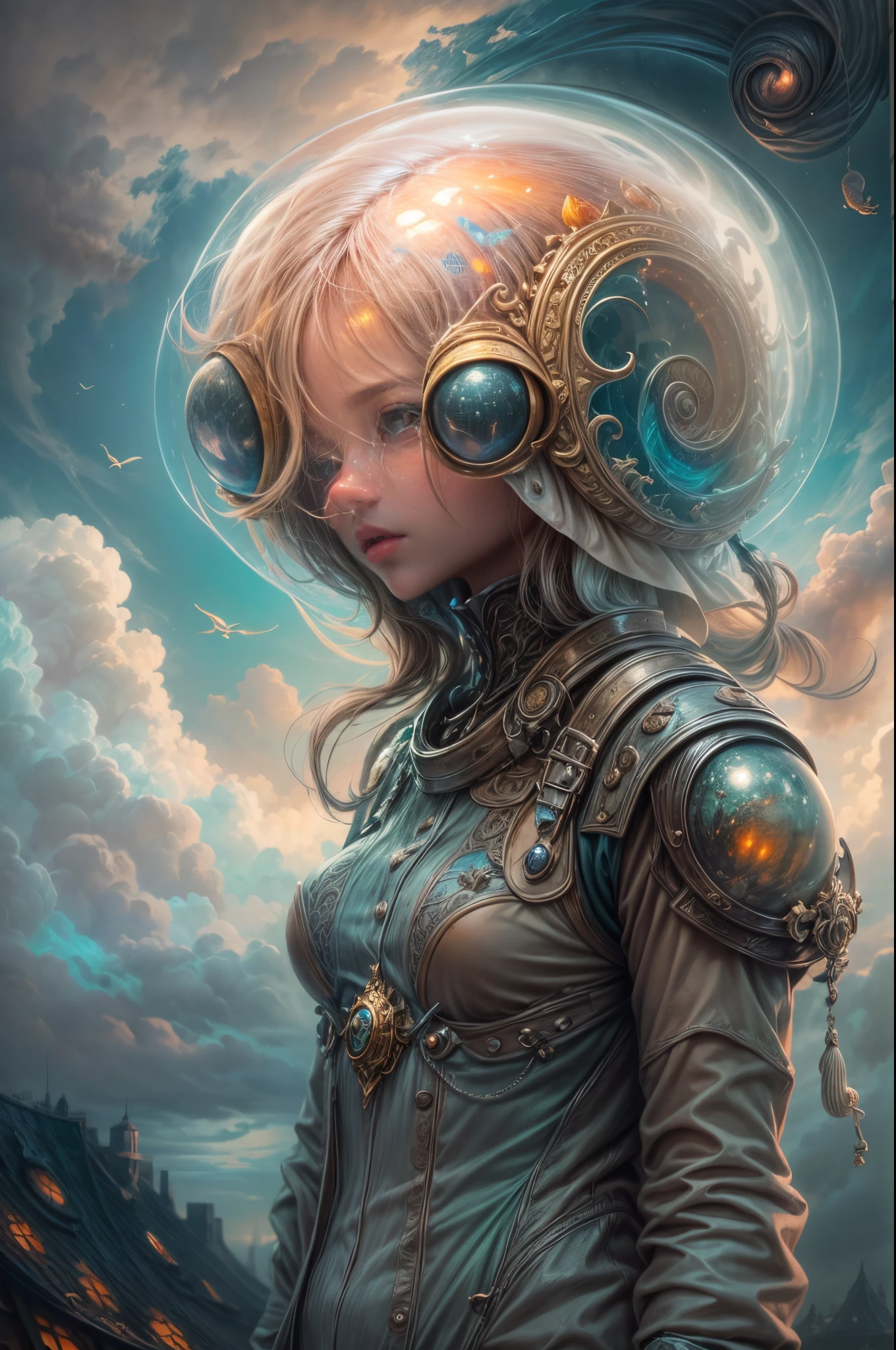 "Painterly depiction of an alien girl, her helmet exuding an otherworldly glow, a mystical snail companion, and dreamy clouds, a masterpiece of the fantastical."