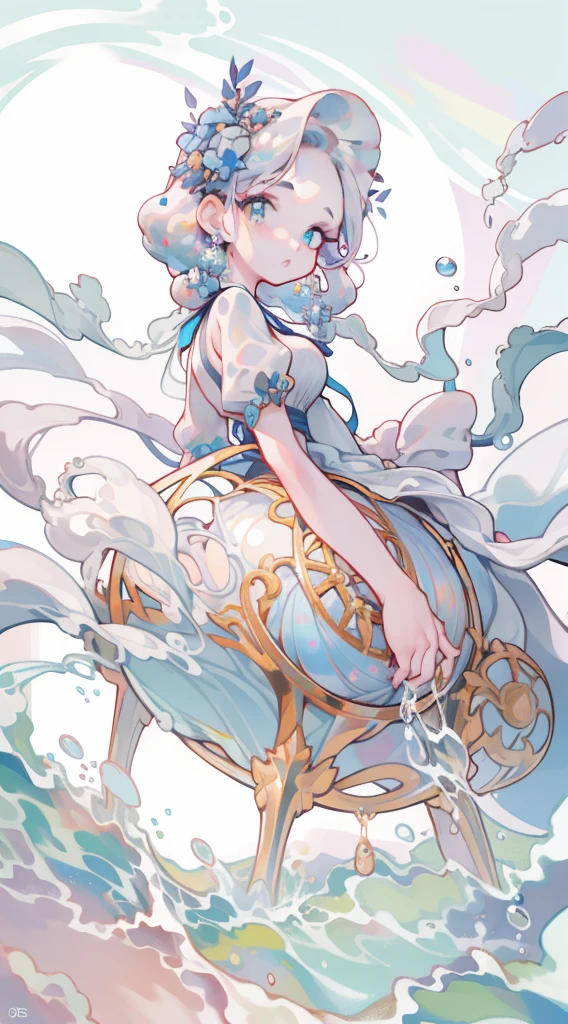 masterpiece, best quality, 8k resolution, sharp focus, intricate detail, beautiful girl, sparkling eyes, golden ratio face, otherworldly liquid, watercolor, ((pastel colors)), bright colors, whimsical, colorful, sharp focus, high resolution, fine detail, ((layered ballgown)), iridescent bubbles