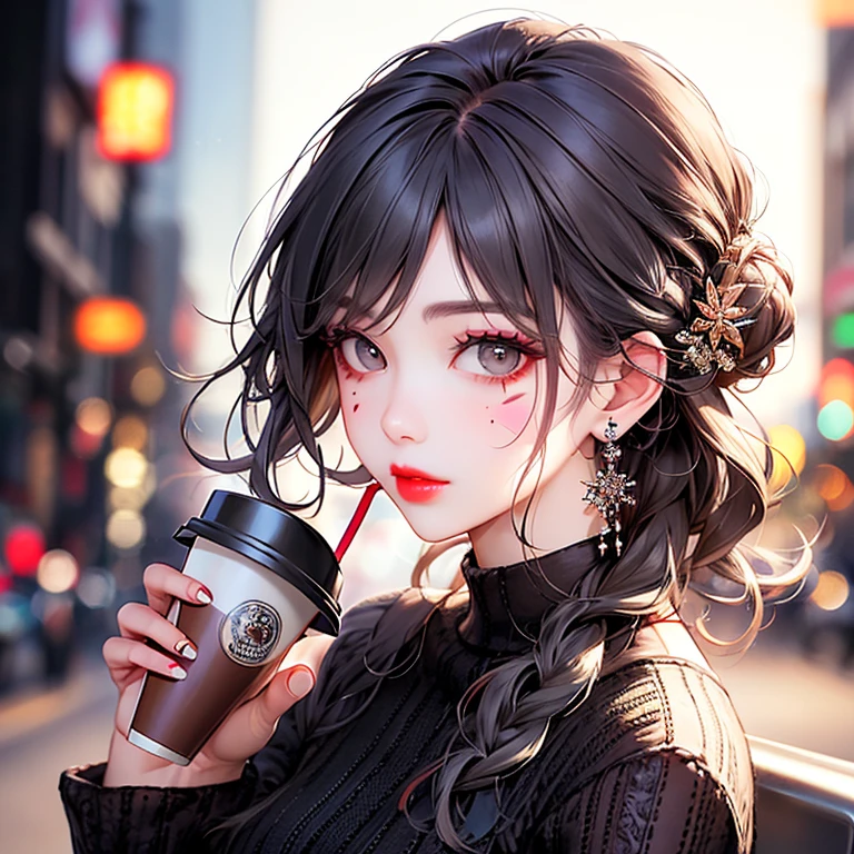 vivid 22eyes, Solo, (((drinking coffee))), sitting ,messy braid bun hair, half Updo hair, Looking at Viewer, Hair Ornament, Pastel colors hair, sticker on face, Jewelry, makeup, grey  eyes, Lips, Wavy Hair, earrings, facial mark,  Upper body, Portrait, Bangs, hair clips, Hand up, 鎖骨, night city background, Red lips,