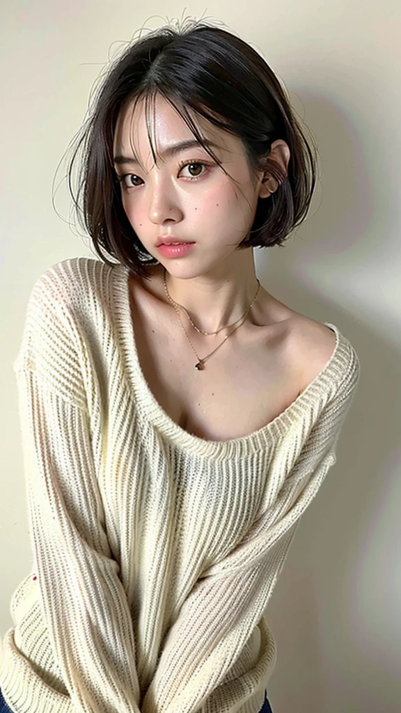 (Best quality, 8k, 32k, Masterpiece, UHD:1.2),Photo of Pretty Japanese woman, large breasts, very short bob hair,upper body,face focus,(oversized_sweater,:1.1) necklace, simple background, looking at viewer, leaning forward,