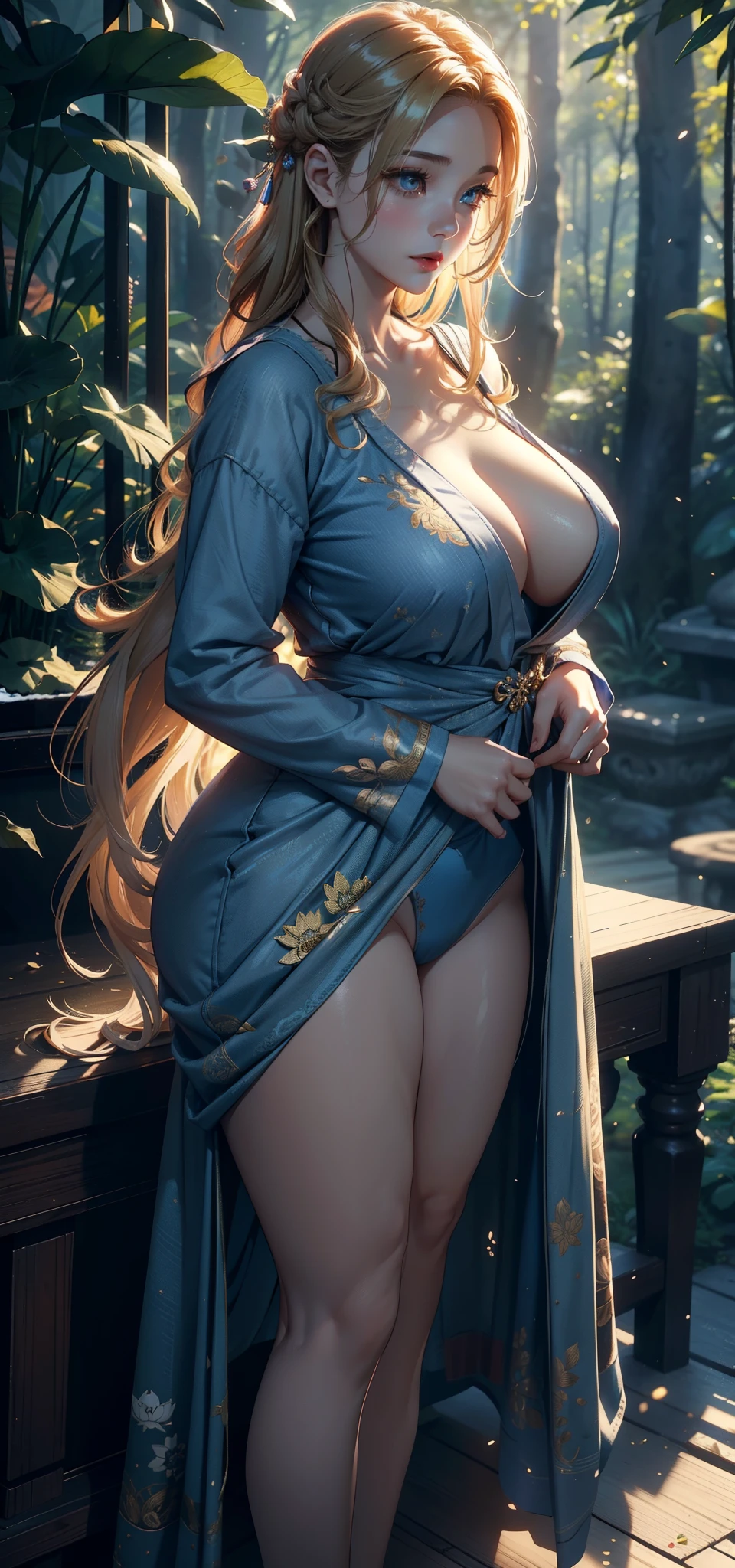 1female,45 yers old,Married woman,熟妇,mature,a little bit chubby,very Bigger breasts,big chest and thin waist,long leges, 独奏,(Background with:at a forest,lotus flower,ponds) She has long blonde hair,bobo head,,seen from the front, Stand deep in the forest, The sky is mostly cloudy,(((tmasterpiece),(Very detailed CG unified 8k wallpaper),Best quality,电影灯光,detailed back ground,beautidful eyes,Bright pupils,黑The eye,Snow-whiteskin,Redlip(very delicate beautiful),(Beautiful and detailed eyes description),ultra - detailed,tmasterpiece,))facing at the camera,A high resolution,ultra - detailed),Expose breasts exposed,Bare genitals,Protruding underparts,Camel toes,(dressed in:the breasts are large,drooping chest,nakeness,denim short)