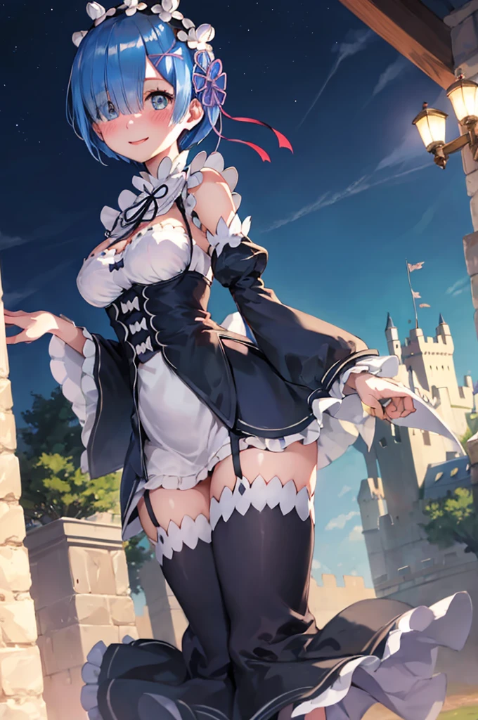 blue hair, rem \(re:zero\), [smile], blush, castle,, masterpiece, best quality, perfect lighting, 1girl, skirt, medium breasts,