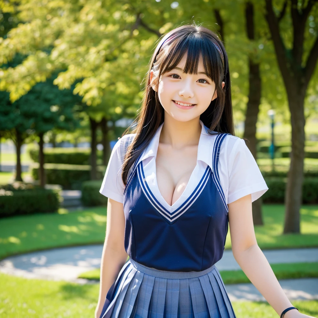 ((top-quality、masterpiece))、Raw photography、8K、top-quality、 超A high resolution、Very detailed cute one girl,Beautiful face in every detail、Realistic human skin、Gentle expression、front-facing view、Farbe々From an angle、realisitic、Photorealsitic、Beautie、length hair、hair messy,a short skirt、Beautiful schoolgirl、Japan schoolgirl wearing uniform、Surreal High School Girl、neck tie、smil、a park、blue-sky、lawn、huge-breasted, cleavage of the breast, Show a little cleavage through the shirt, blurry backround, depth of fields