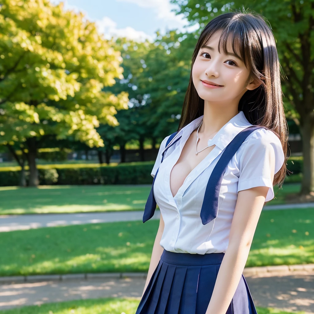 ((top-quality、masterpiece))、Raw photography、8K、top-quality、 超A high resolution、Very detailed cute one girl,Beautiful face in every detail、Realistic human skin、Gentle expression、front-facing view、Farbe々From an angle、realisitic、Photorealsitic、Beautie、length hair、hair messy,a short skirt、Beautiful schoolgirl、Japan schoolgirl wearing uniform、Surreal High School Girl、neck tie、smil、a park、blue-sky、lawn、huge-breasted, cleavage of the breast, Show a little cleavage through the shirt, blurry backround, depth of fields