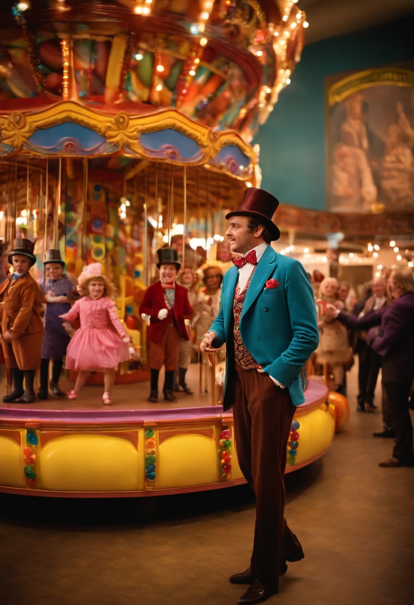 A snapshot of a carousel made entirely of lollipops, spinning in a kaleidoscope of colors.,Charlie and the Chocolate Factory,Willy Wonka, the eccentric chocolate factory owner in Roald Dahl’s novel and its film adaptations, is known for his flamboyant and whimsical style. He typically sports a top hat, a brightly colored, tailored suit, and a bow tie, embodying his quirky and unconventional character. Wonka’s attire often includes a cane and whimsical accessories that add to his mysterious and playful persona. His bright eyes and enigmatic smile contribute to his charismatic yet unpredictable appearance.