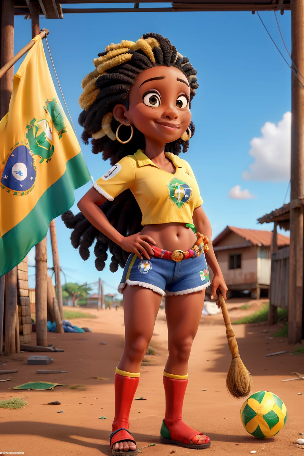 Crie uma mulher de cabelos ruivos escuro de pele caramelo com a bandeira do Brasil com o fundo na favela do Brasil com itens da cultura brasileira