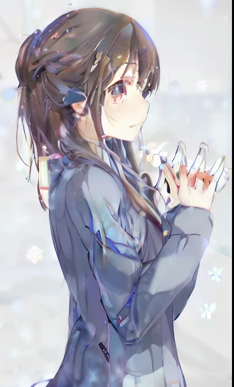 a woman in a blue jacket is standing with her hands up, (anime girl), “anime girl, cute anime girl, with index finger, anime girl with long hair, an anime girl, anime girl, young anime girl, pretty anime girl, profile of anime girl, beautiful anime girl, cute anime style, beautiful anime high school girl