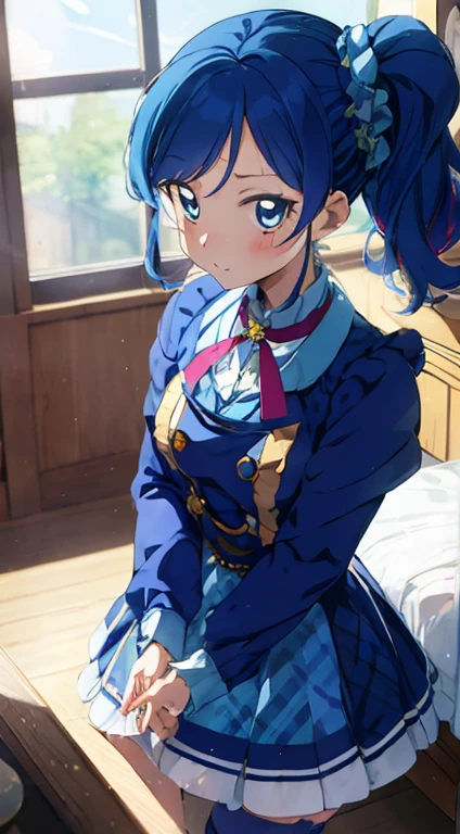 masterpiece , best quality, detailed quality, kiriya Aoi (Aikatsu), 1girl ,side ponytail ,dark blue hair ,multicolored hair, dark blue eyes, maid outfit, luxury bedroom background