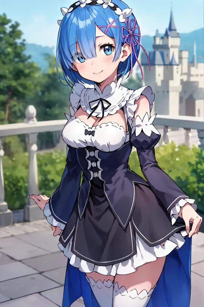 masterpiece, highest quality, Goth  dress ,  black pantyhose, Rem,Re:zero,blue hair,short hair,1 girl, Are standing, at the castle, window, fireplace, detailed background,  frills,frills付きスカート,belly button,bare shoulders,cleavage,full makeup,Goth Lo Remake,Upper body,smile,