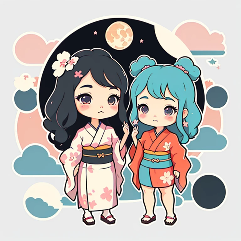 1 sticker, sticker, nikkaze, (cute girl), (gorgeous kimono), (gorgeous hair accessory), (Japanese traditional hairstyle), cherry blossoms, clouds, behind is a huge round moon, stars, white background, no background, simple background, minimal, cute, tiny, pastel color, vector style, no gradient