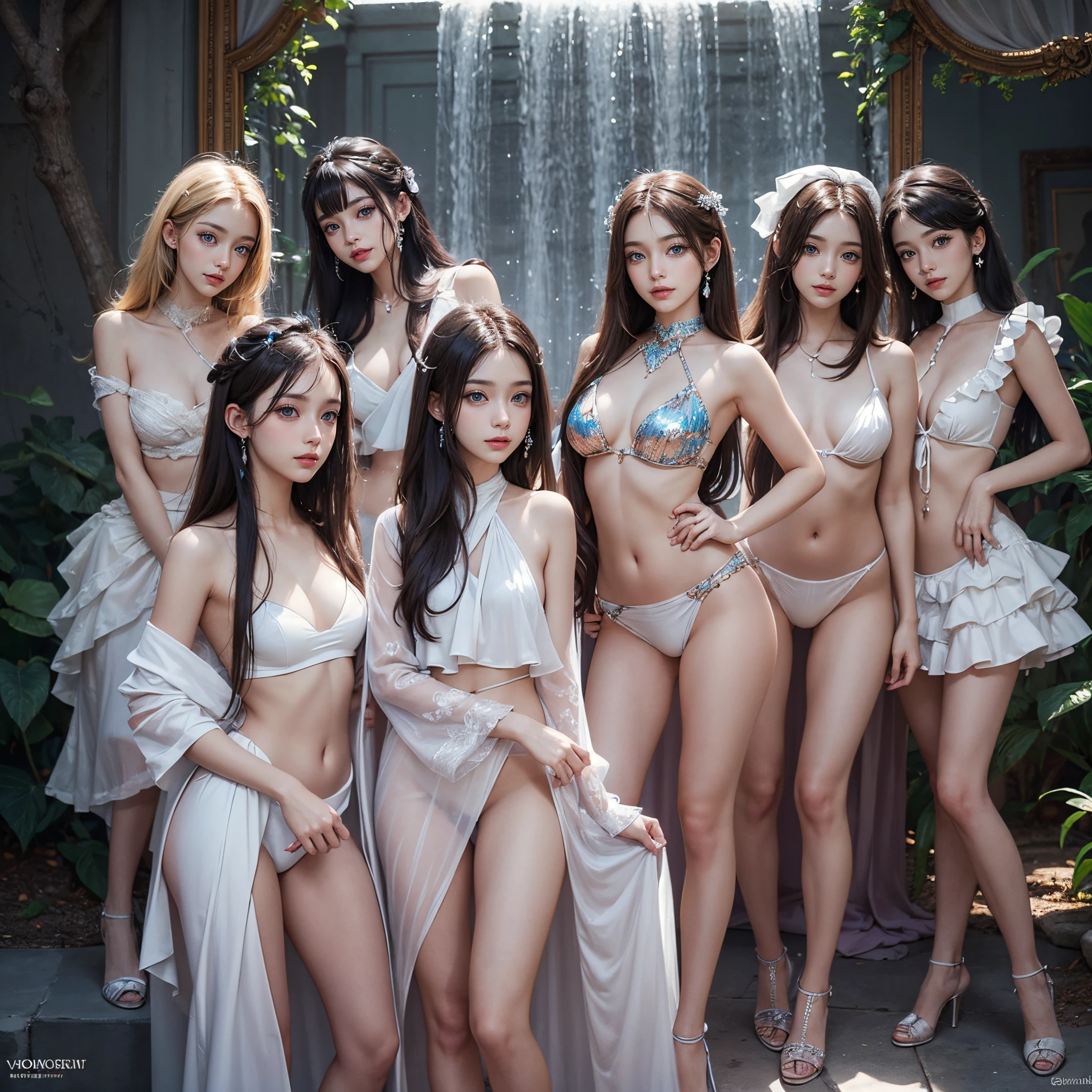 (White and vivid colors), (9 sexy junior idols in row), ((face variations, Hair variations)), { Navel | Ass }, portrayed in the best quality and high resolution. The image should be ultra-detailed, realistic, and photorealistic with a touch of rawness. The lighting should be emphasized to bring out the details of the face. The medium can be a combination of photography and concept art. The color tone should be vibrant and vivid, enhancing the overall visual impact. (Whole Body proportions and all limbs are anatomically accurate) .