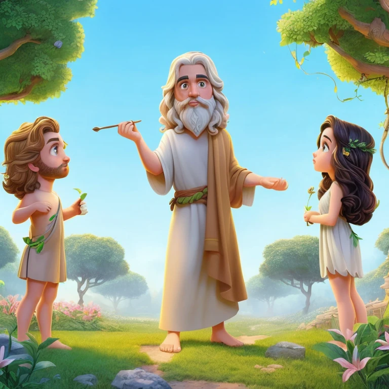 um desenho animado de um homem com barba e uma garota com uma varinha, bible illustration, por Wayne England, moses, Directed by: Nicholas Marsicano, epic scene of zeus, official illustration, Directed by: Alexander Fedosav, O Criador da Terra, Directed by: Alexander Kucharsky, imagem promocional do filme, magical scene, Directed by: Joseph Henderson, Arte Oficial, genesis