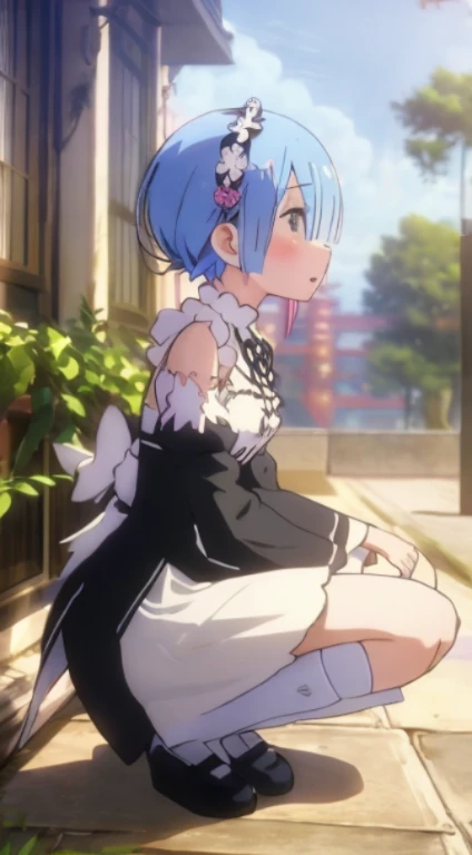 Re.Staynight、Remu、lightblue hair、The whole body is shown、maid clothes、semi nude