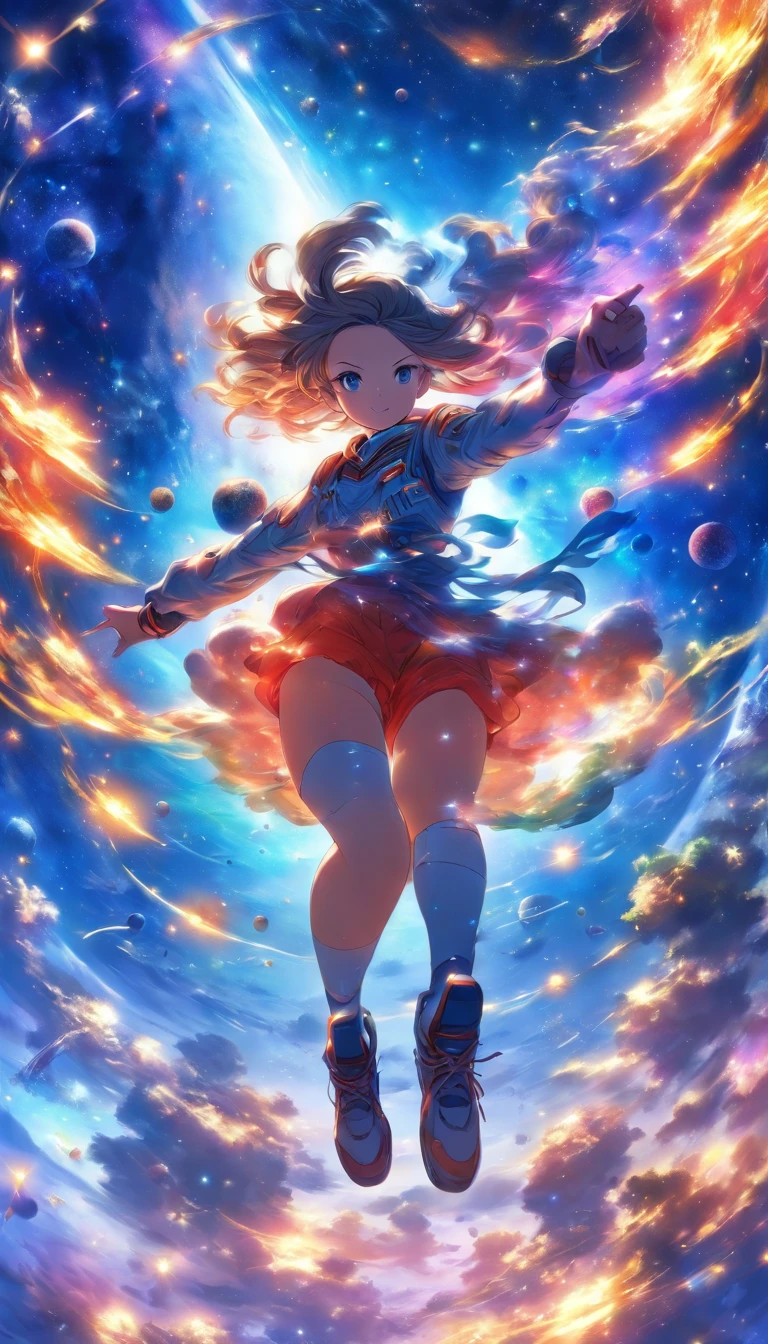 Fantastic outer space。Rear view。with their face not visible。Floating stars and planets。High quality in every detail。woman jumping in。A woman with a mature impression。fantastic。fantastic landscape。