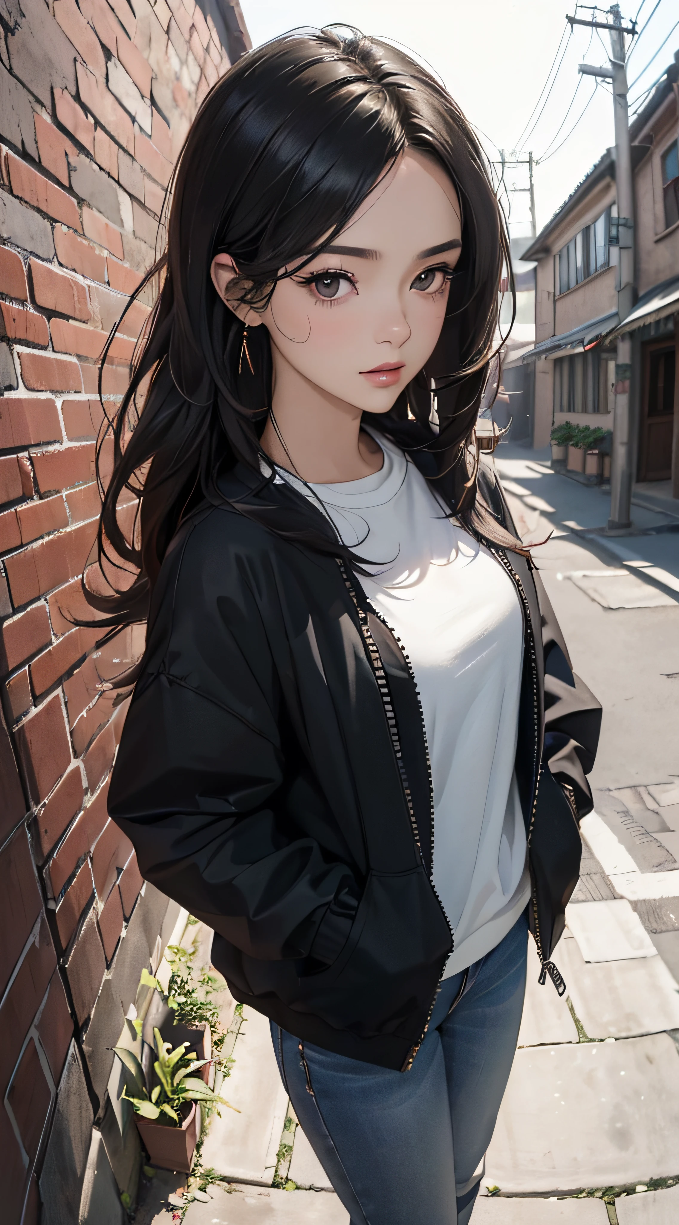(((8k wallpaper of extremely detailed CG unit:1.2, masterpiece, hight resolution:1.2, top-quality:1.2, masutepiece))), ((a very beautiful woman, Hands in pockets:1.8, Mode Fashion:1.5, Wearing a jacket:1.3)), ((extra detailed face, Highly detailed black eyes, extra detailed body, Top quality real texture skins)), (A dark-haired:1.2, straight haired:1.2, The long-haired, de pele branca, Big:1.2, exposed shoulder), ((Alley without people, Mileland, Brick wall, natta)), (high-angle:1.1, a closeup, Fisheye:1.4), hyper realisitic, digitial painting,
