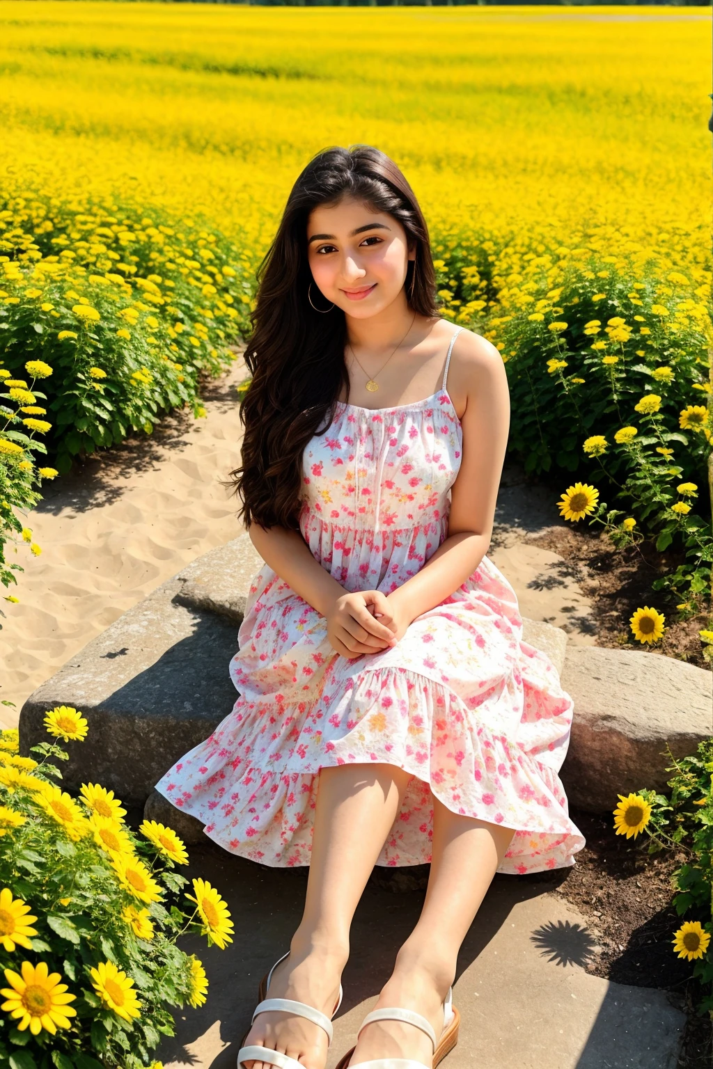 Instagram photo, 14 years old girl named reema khan, wearing sundress, full body photo taken on iphone 15, perfect body, looking at viewer, sandals, bokeh, is sitting in flowerfield, sunkissed