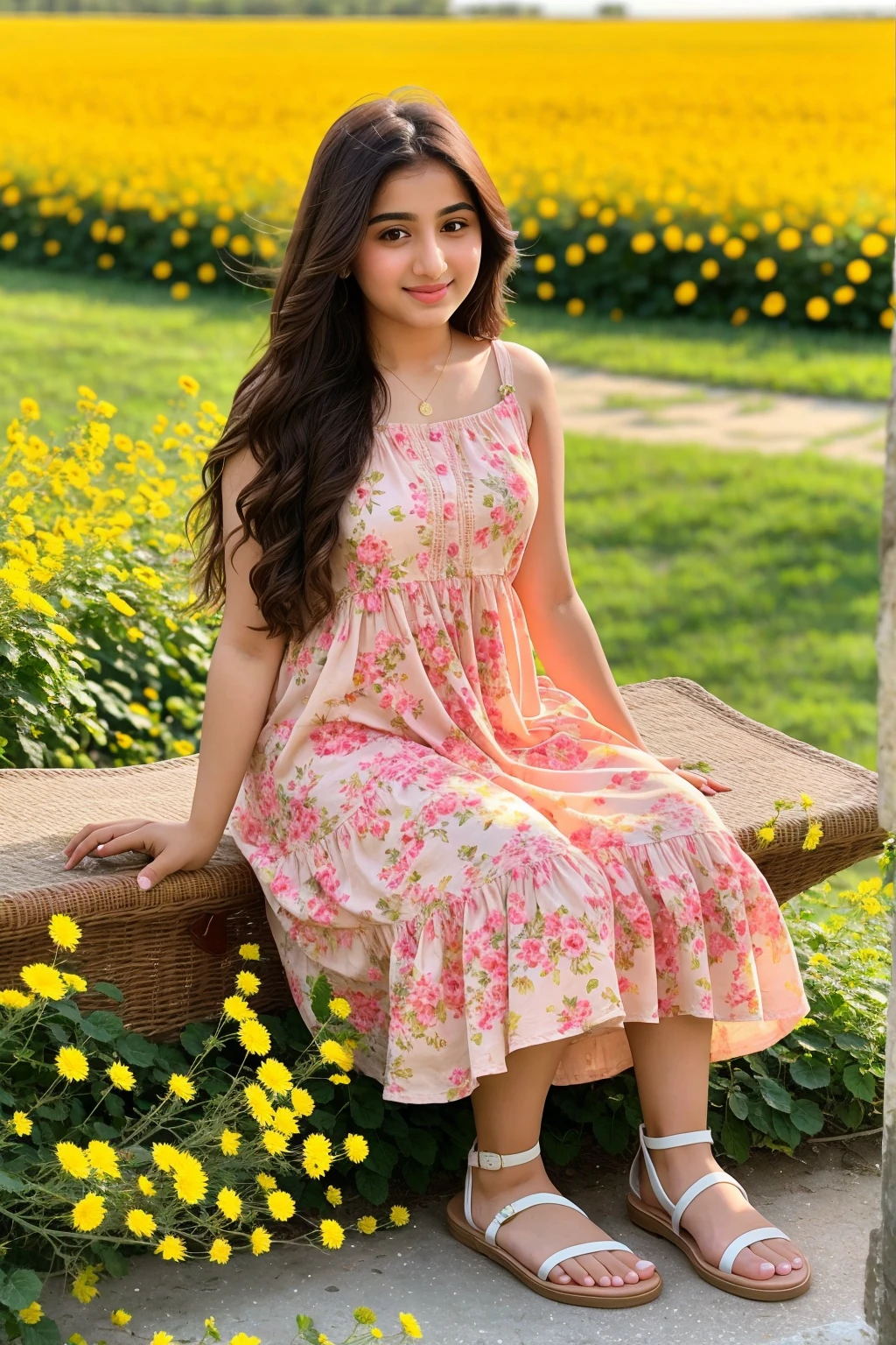 Instagram photo, girl named reema khan, wearing sundress, full body photo taken on iphone 15, perfect dy, looking at viewer, sandals, bokeh, is sitting in flowerfield, sunkissed
