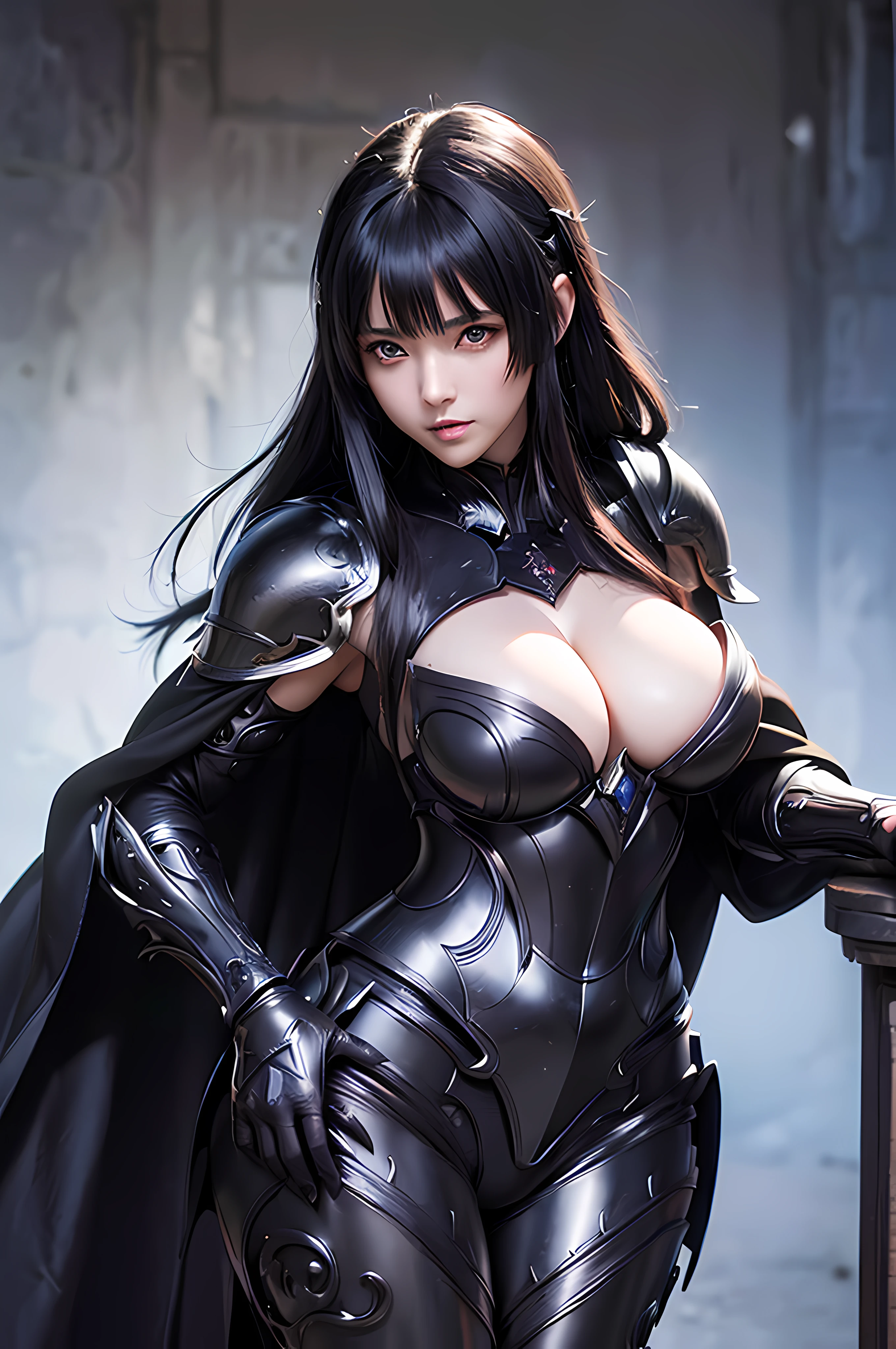 (((anime-style art))), (fantasy-themed), (((high resolution))), masterpiece,((female shadow knight)), (in her (30s)). M cup busty figure, beautiful eyes, beautiful face, beautiful expressions,  covered with (( black iron padded armor)) crafted from thick(umbral) material,( black intricate armor) long hairs, complemented by (( shadowy cape ))).  (((three-quarter shot)))