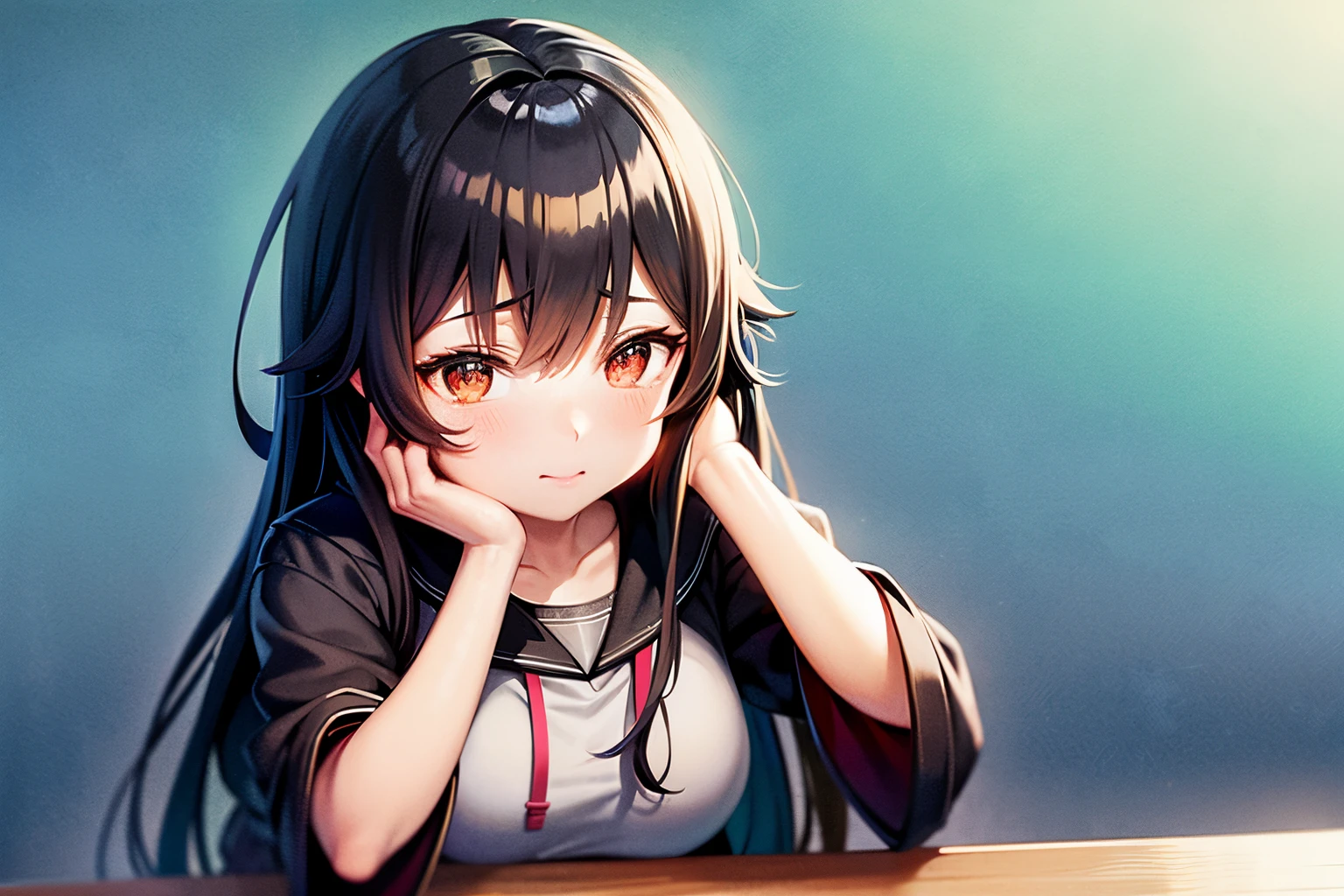 Anime girl sitting at the table, clasping his head in his hands, anime moe artstyle, kantai collection style, anime visual of a cute girl, with a sad expression on his face, artwork in the style of guweiz, girls frontline style, Tired expression on his face, young anime girl, Bored expression on his face, Long Hair Anime Girl, Black-haired girl in hoodie, guweiz