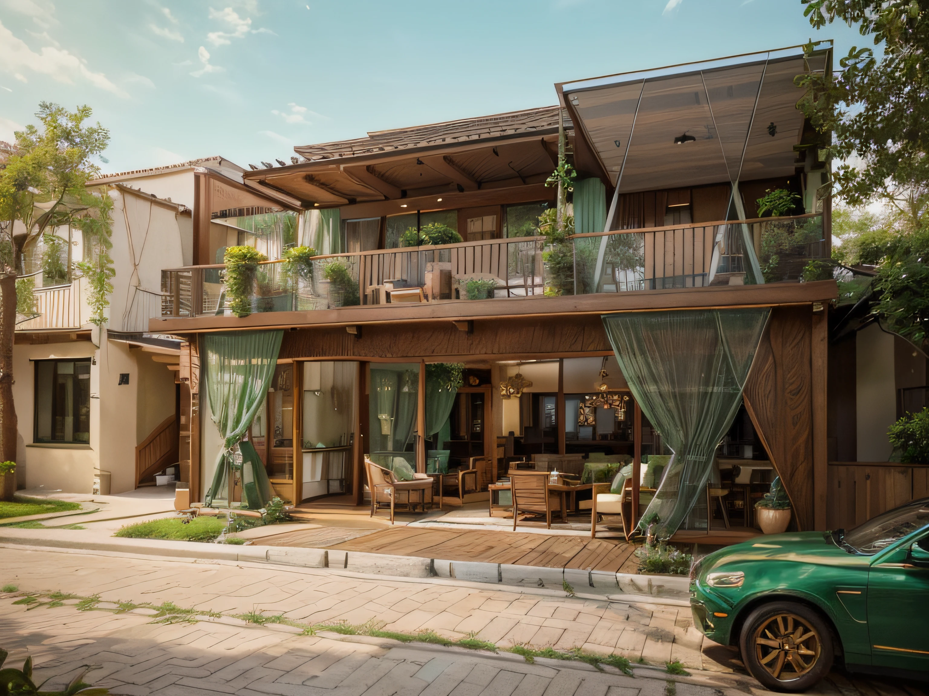 The exterior and interior design of the traditional-style café, combining the deep jewel tone of emerald green with classic pastel colors, warm wood tones, gold accents complementing earthy hues, patterned fabrics, along with an open and nature-integrated outdoor space, can be described as follows: The café's exterior showcases an expansive layout that seamlessly integrates with nature. Visitors are greeted by a vast outdoor space, its walls adorned with sophisticated emerald green patterns. Outdoor furniture made from warm woods like oak or cherry creates a relaxed ambiance, connecting patrons with the surrounding natural environment. Emerald green and classic pastel hues are employed in the interior décor, creating artistic and refined focal points within the café. Walls might feature the richness of emerald green, while smaller details like pendant lights, cushions, or wall art may incorporate classic pastel shades such as soft pink, light blue, or gentle green, fostering a sense of balance and warmth. Warm wood tones are extensively used in the interior, from sofas to chairs and various decorative elements. Oak, cherry, or mahogany woods impart a natural and rustic beauty, contributing to a cozy and traditional atmosphere. Gold accents combined with earthy tones like terracotta, saffron yellow, or olive green could be present in decorative elements like lamp bases, door handles, or mirror frames. This blending creates a touch of opulence and classicism in the space. Patterned fabrics featuring floral designs, paisley, damask, or toile are employed throughout the interior, adorning curtains, decorative pillows, and sofa upholstery, adding richness and allure to the café's interior. The spacious and nature-immersed outdoor area incorporates lush greenery, small gardens, or strategically placed plants, evoking a sense of tranquility and closeness to nature. This allows customers to savor their coffee in a serene and relaxing environment.