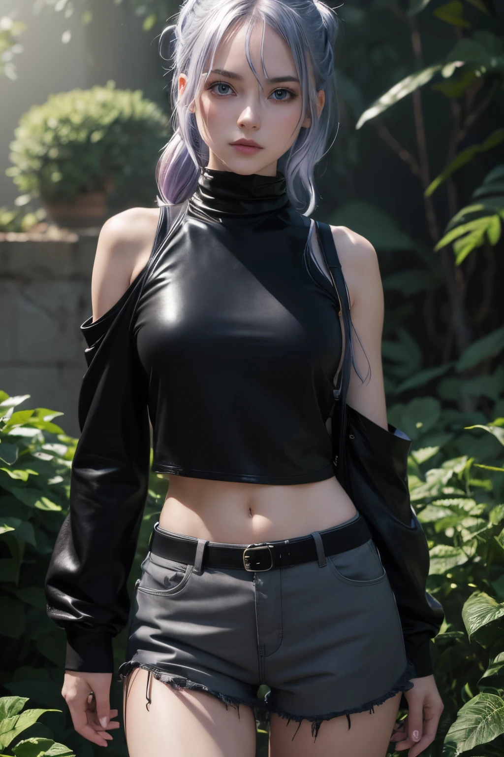 The tooltip for a given topic looks like this: "Girl with a European face, Aryan face, 20years old, Silvery-purple hair, pale purple-blue hair, Bright blue eyes, Her hair is tied up in a bun and falls to her right shoulder. Dressed in a comfortable leather suit, ((black shorts)), Black Leather Leggings, (((clothes in dark colors))), close-fitting clothes, (Best Quality, 4k, 8K, hight resolution, Masterpiece:1.2) Ultra-detailed features, including realistic, Photorealistic eyes and face. The figure shows the media (Insert Material) that resembles an illustration, oil painting, or 3D rendering. Girl in the garden with bright flowers and sharp focus, soft studio lighting. The overall atmosphere is calm and serene, with a touch of unearthly beauty. The color scheme is dominated by shades of black, Creating a dreamy and surreal aesthetic."