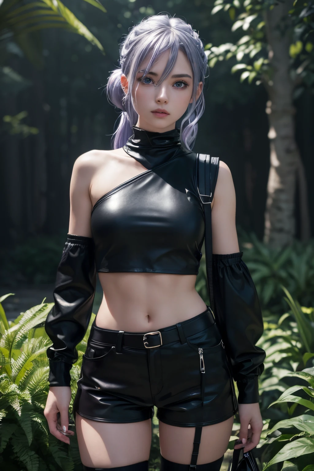 The tooltip for a given topic looks like this: "Girl with a European face, Aryan face, 20years old, Silvery-purple hair, pale purple-blue hair, Bright blue eyes, Her hair is tied up in a bun and falls to her right shoulder. Dressed in a comfortable leather suit, ((black shorts)), Black Leather Leggings, (((clothes in dark colors))), close-fitting clothes, (Best Quality, 4k, 8K, hight resolution, Masterpiece:1.2) Ultra-detailed features, including realistic, Photorealistic eyes and face. The figure shows the media (Insert Material) that resembles an illustration, oil painting, or 3D rendering. Girl in the garden with bright flowers and sharp focus, soft studio lighting. The overall atmosphere is calm and serene, with a touch of unearthly beauty. The color scheme is dominated by shades of black, Creating a dreamy and surreal aesthetic."