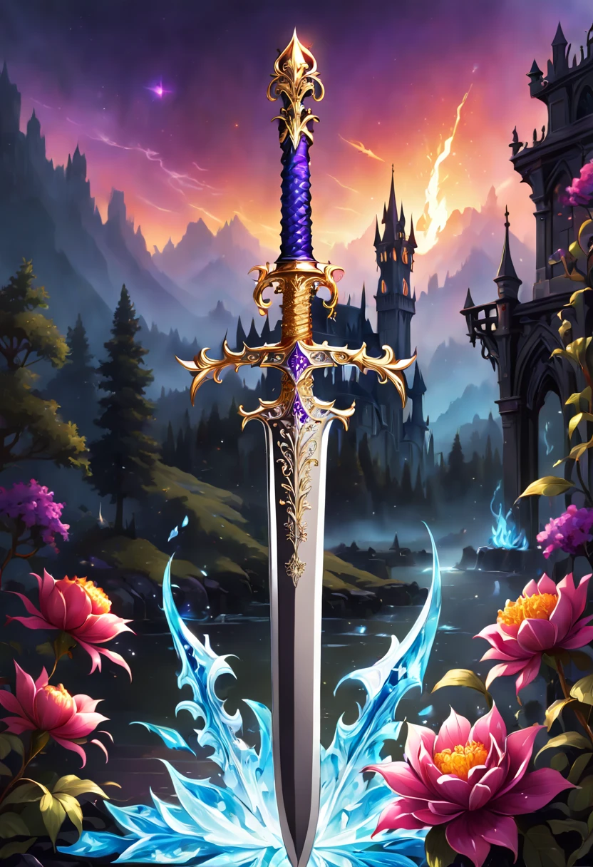 (8K, 16k, Award-winning, Best quality, Highest resolution, super detailing, high detal, Anatomically correct, tmasterpiece, tas'It's breathtakingly beautiful), flower sword,There is a flower on the top of the sword,Sword made of crystal and white gold,Alloy vine winding,Exquisite alloy stranding technology , flower sword,Rare and precious, Complicated details,Golden flame,Purple magic,blue lightning,Magical ice world background,(gothic art style:1.5),Magic sword and flowers,Magic flower made of colorful metal,Exuding endless magical charm and brilliance