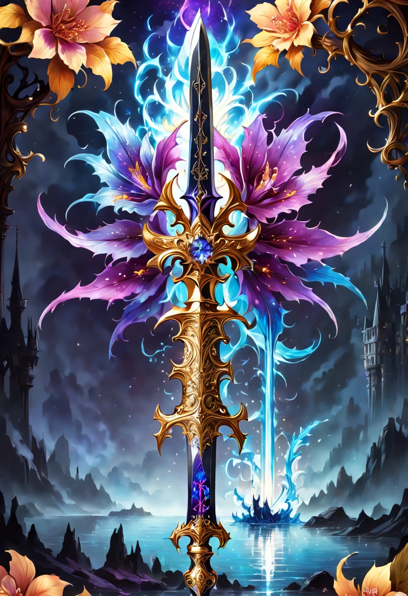 (8K, 16k, Award-winning, Best quality, Highest resolution, super detailing, high detal, Anatomically correct, tmasterpiece, tas'It's breathtakingly beautiful), flower sword,There is a flower on the top of the sword,Sword made of crystal and white gold,Alloy vine winding,Exquisite alloy stranding technology , flower sword,Rare and precious, Complicated details,Golden flame,Purple magic,blue lightning,Magical ice world background,(gothic art style:1.5),Magic sword and flowers,Magic flower made of colorful metal,Exuding endless magical charm and brilliance