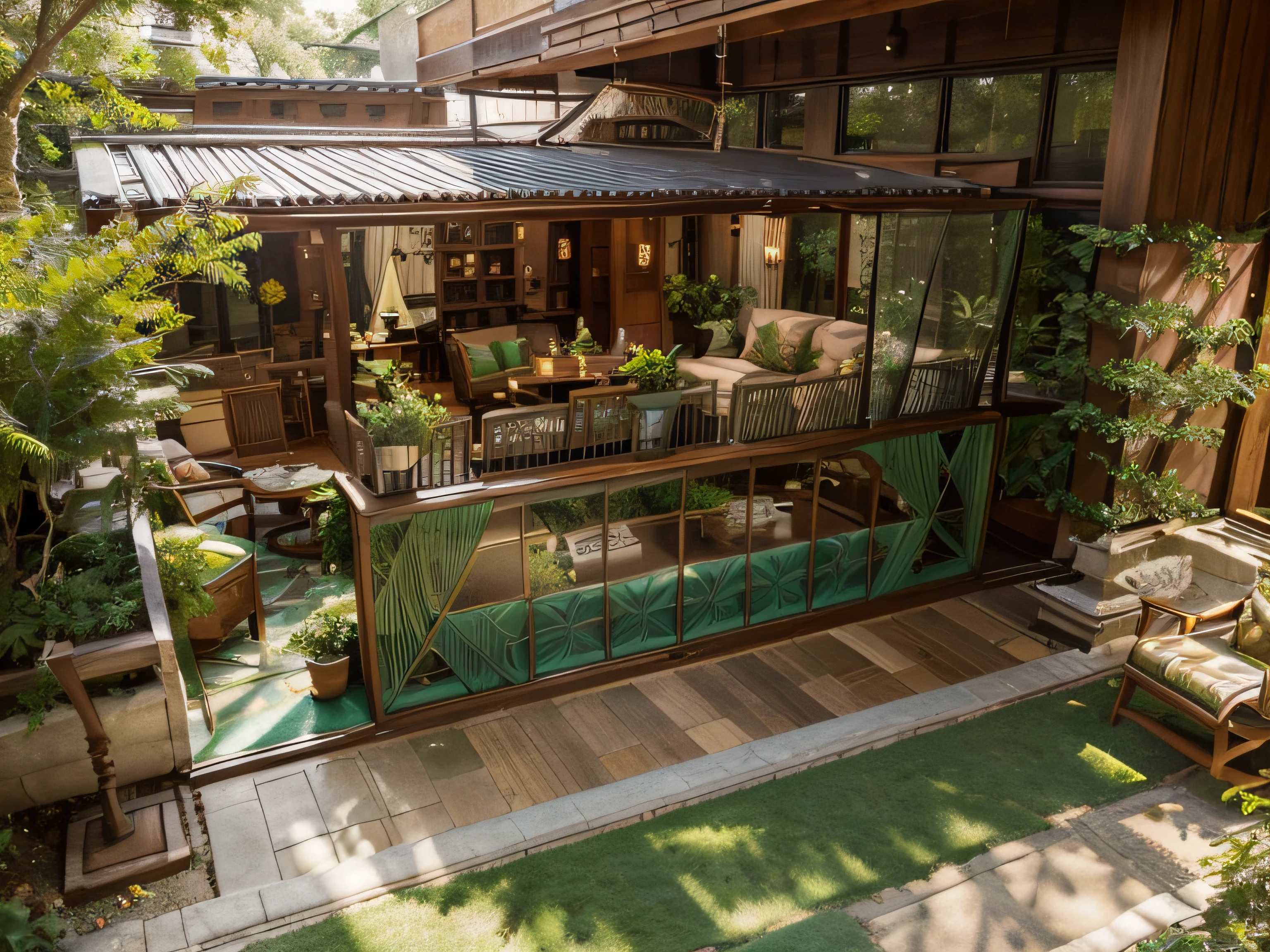The exterior and interior design of the traditional-style café, combining the deep jewel tone of emerald green with classic pastel colors, warm wood tones, gold accents complementing earthy hues, patterned fabrics, along with an open and nature-integrated outdoor space, can be described as follows: The café's exterior showcases an expansive layout that seamlessly integrates with nature. Visitors are greeted by a vast outdoor space, its walls adorned with sophisticated emerald green patterns. Outdoor furniture made from warm woods like oak or cherry creates a relaxed ambiance, connecting patrons with the surrounding natural environment. Emerald green and classic pastel hues are employed in the interior décor, creating artistic and refined focal points within the café. Walls might feature the richness of emerald green, while smaller details like pendant lights, cushions, or wall art may incorporate classic pastel shades such as soft pink, light blue, or gentle green, fostering a sense of balance and warmth. Warm wood tones are extensively used in the interior, from sofas to chairs and various decorative elements. Oak, cherry, or mahogany woods impart a natural and rustic beauty, contributing to a cozy and traditional atmosphere. Gold accents combined with earthy tones like terracotta, saffron yellow, or olive green could be present in decorative elements like lamp bases, door handles, or mirror frames. This blending creates a touch of opulence and classicism in the space. Patterned fabrics featuring floral designs, paisley, damask, or toile are employed throughout the interior, adorning curtains, decorative pillows, and sofa upholstery, adding richness and allure to the café's interior. The spacious and nature-immersed outdoor area incorporates lush greenery, small gardens, or strategically placed plants, evoking a sense of tranquility and closeness to nature. This allows customers to savor their coffee in a serene and relaxing environment.