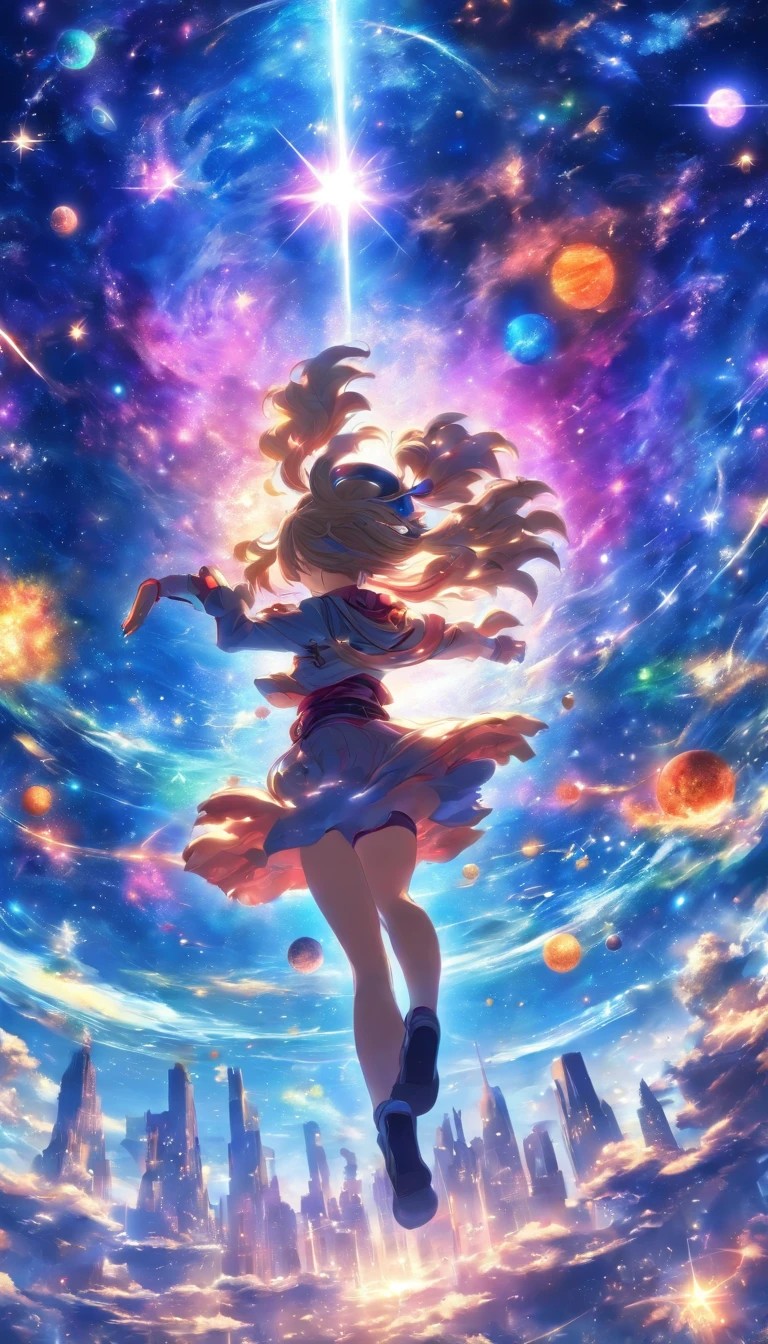 Rear view。with their face not visible。Fantastic outer space。Floating stars and planets。High quality in every detail。woman jumping in。A woman with a mature impression。fantastic。fantastic landscape。