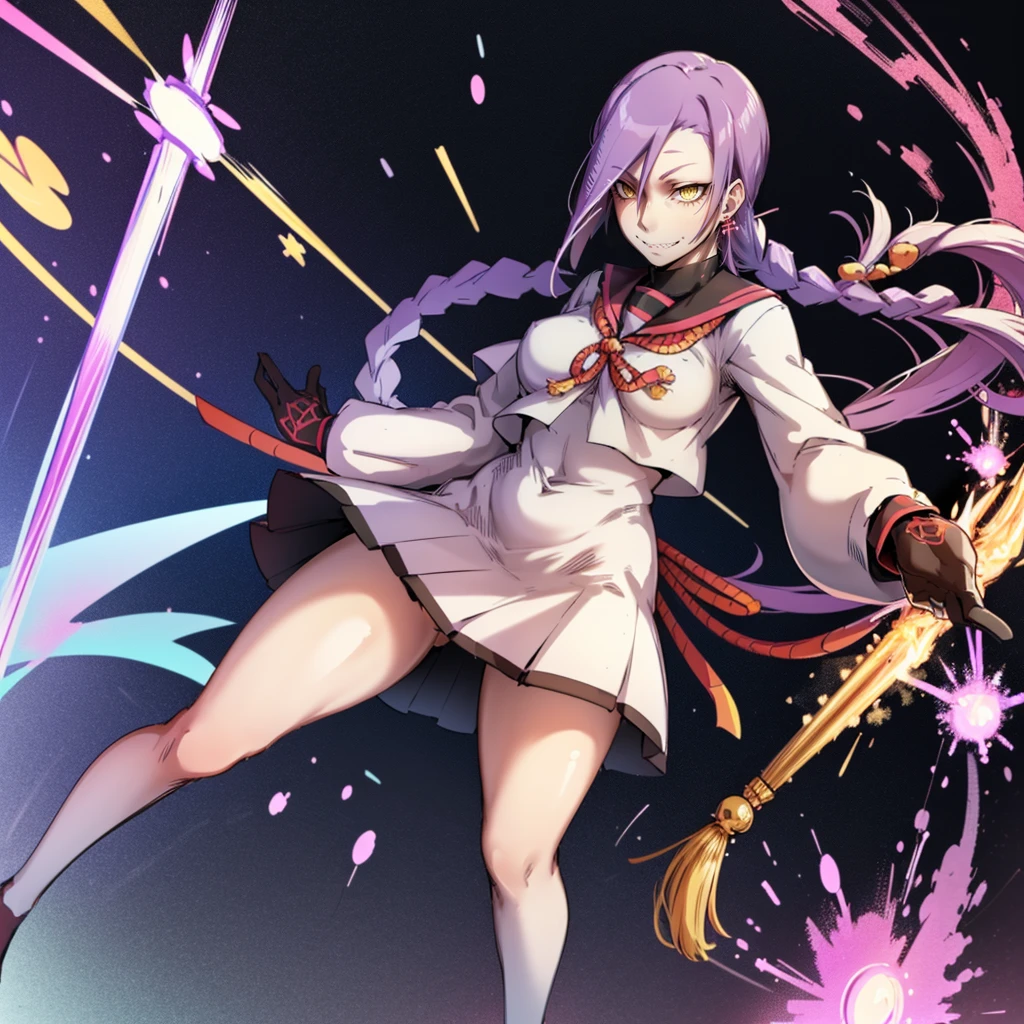 1girl, solo, looking at viewer, cowboy shot, hand arms full body,boots, standing,cute,breast, curvy, female,fantasy goddess,there is a cartoon picture of a woman with a very large breast, glowing divine being, glowing holy aura, inspired by Luma Rouge, the non-binary deity of spring, ethereal rainbow nimbus, the butterfly goddess of fire, inspired by Mariel, glowing aura around her, astral wind, as the goddess of the saturn, “uwu the prismatic person, big breast, serious, beautiful eyes, , full body, walking, long robe, long dress, ,priestess ,holy, smile, god rays, ray tracing, sparkle, cinematic lighting, UHD, retina, masterpiece, ccurate, anatomically correct, textured skin, super detail, high details, high quality, award winning, best quality, highres, 1080P, HD, 4K, thunder aura, light aura,full, snak staff,closed mouth,#anime #character #re:creators #magane chikujoin Trigger Words: chikujoin magane sharp teeth single braid school uniform serafuku pleated skirt thighhighs gloves earrings Version No.:, long skirt, sharpteeth smile