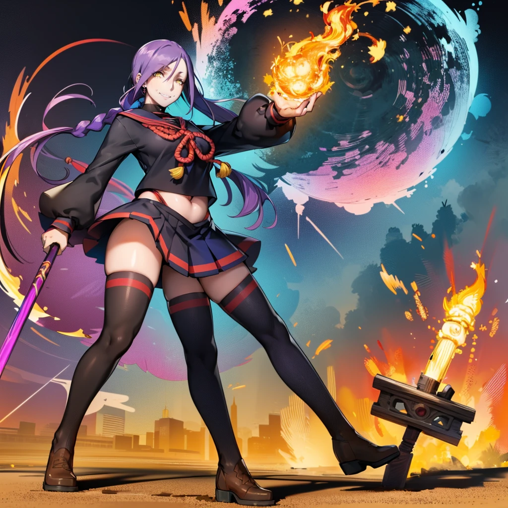 1girl, solo, looking at viewer, cowboy shot, hand arms full body,boots, standing,cute,breast, curvy, female,fantasy goddess,there is a cartoon picture of a woman with a very large breast, glowing divine being, glowing holy aura, inspired by Luma Rouge, the non-binary deity of spring, ethereal rainbow nimbus, the butterfly goddess of fire, inspired by Mariel, glowing aura around her, astral wind, as the goddess of the saturn, “uwu the prismatic person, big breast, serious, beautiful eyes, , full body, walking, long robe, long dress, ,priestess ,holy, smile, god rays, ray tracing, sparkle, cinematic lighting, UHD, retina, masterpiece, ccurate, anatomically correct, textured skin, super detail, high details, high quality, award winning, best quality, highres, 1080P, HD, 4K, thunder aura, light aura,full, snak staff,closed mouth,#anime #character #re:creators #magane chikujoin Trigger Words: chikujoin magane sharp teeth single braid school uniform serafuku pleated skirt thighhighs gloves earrings Version No.:, long skirt, sharpteeth smile