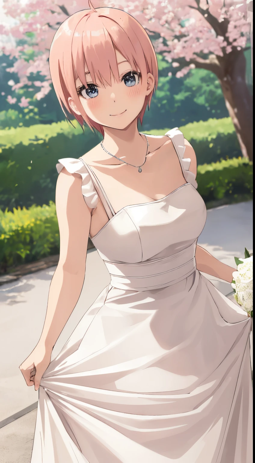 Nakano ichika, Pink hair, Short hair、wedding dress,wedding dress、look at viewer,a smile