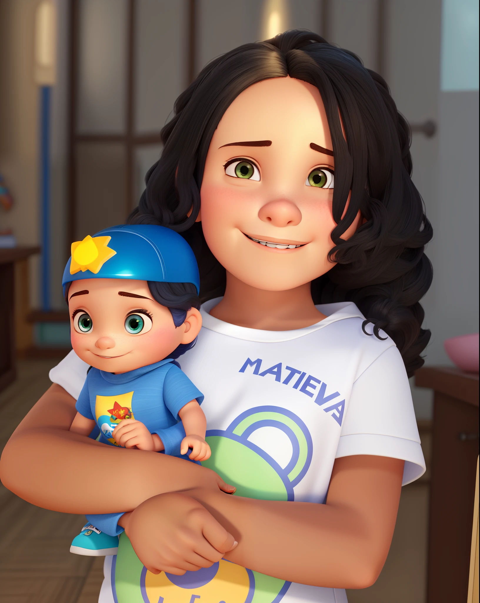 uma de 04 anos com cabelos enrrolados com poder de energia estilo disney pixar, alta qualidade, melhor qualidade