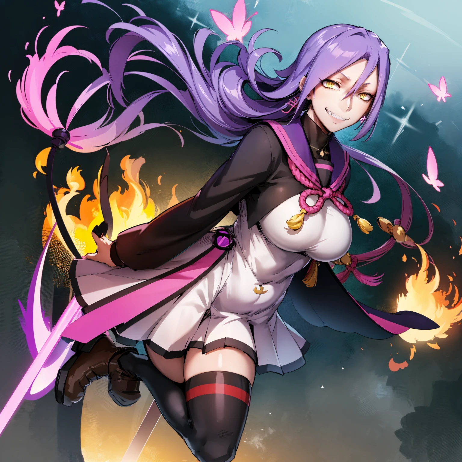 (masterpiece, best quality:1.2), cowboy shot, solo, 1girl, chikujoin magane, sharp teeth, evil grin, looking at viewer, hand on hip, single braid, school uniform, serafuku, pleated skirt, thighhighs, (gloves:1.1),huge breast, curvy, female,fantasy goddess,there is a cartoon picture of a woman with a very large breast, glowing angelic being, glowing holy aura, inspired by Luma Rouge, the non-binary deity of spring, ethereal rainbow nimbus, the butterfly goddess of fire, inspired by Marie Angel, glowing aura around her, astral fairy, as the goddess of the sun, “uwu the prismatic person, big breast, happy, beautiful eyes, , full body, walking, long robe, long dre, , nun, priestess ,holy, venus body, curvy, huge breast, forest, long skirt, coat, very long skirt,coat, europe, france, french, pantyhose
