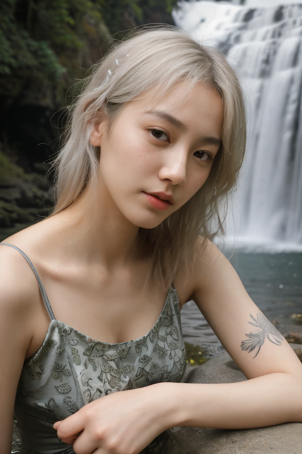 a close up of a woman in a waterfall, korean girl, gorgeous young korean woman, beautiful south korean woman, korean woman, beautiful young korean woman, korean women's fashion model, skinny waist and thick hips, photo of slim girl model, attractive pose, bra and shorts streetwear, jaeyeon nam, tattoo girl, light white hair, verybadimagenegative_v1.3, ng_deepnegative_v1_75t, (ugly face:0.8),cross-eyed,sketches, (worst quality:2), (low quality:2), (normal quality:2), lowres, normal quality, ((monochrome)), ((grayscale)), skin spots, acnes, skin blemishes, bad anatomy, DeepNegative, facing away, tilted head, {Multiple people}, lowres, bad anatomy, bad hands, text, error, missing fingers, extra digit, fewer digits, cropped, worstquality, low quality, normal quality, jpegartifacts, signature, watermark, username, blurry, bad feet, cropped, poorly drawn hands, poorly drawn face, mutation, deformed, worst quality, low quality, normal quality, jpeg artifacts, signature, watermark, extra fingers, fewer digits, extra limbs, extra arms,extra legs, malformed limbs, fused fingers, too many fingers, long neck, cross-eyed,mutated hands, polar lowres, bad body, bad proportions, gross proportions, text, error, missing fingers, missing arms, missing legs, extra digit, extra arms, extra leg, extra foot, ((repeating hair))
