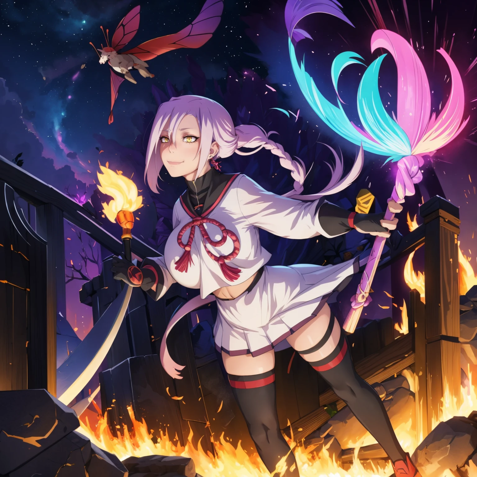 1girl, solo, looking at viewer, cowboy shot, hand arms full body,boots, standing,cute,breast, curvy, female,fantasy goddess,there is a cartoon picture of a woman with a very large breast, glowing divine being, glowing holy aura, inspired by Luma Rouge, the non-binary deity of spring, ethereal rainbow nimbus, the butterfly goddess of fire, inspired by Mariel, glowing aura around her, astral wind, as the goddess of the saturn, “uwu the prismatic person, big breast, serious, beautiful eyes, , full body, walking, long robe, long dress, ,priestess ,holy, smile, god rays, ray tracing, sparkle, cinematic lighting, UHD, retina, masterpiece, ccurate, anatomically correct, textured skin, super detail, high details, high quality, award winning, best quality, highres, 1080P, HD, 4K, thunder aura, light aura,full, snak staff,closed mouth,#anime #character #re:creators #magane chikujoin Trigger Words: chikujoin magane sharp teeth single braid school uniform serafuku pleated skirt thighhighs gloves earrings Version No.:, long skirt, sharpteeth smile