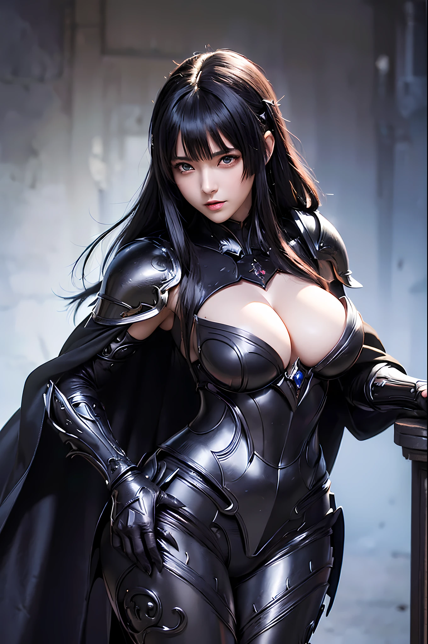 (((anime-style art))), (fantasy-themed), (((high resolution))), masterpiece,((female shadow knight)), (in her (30s)). M cup busty figure, beautiful eyes, beautiful face, beautiful expressions,  covered with (( black iron padded armor)) crafted from thick(umbral) material,( black intricate armor) long hairs, complemented by (( shadowy cape ))).  (((three-quarter shot)))