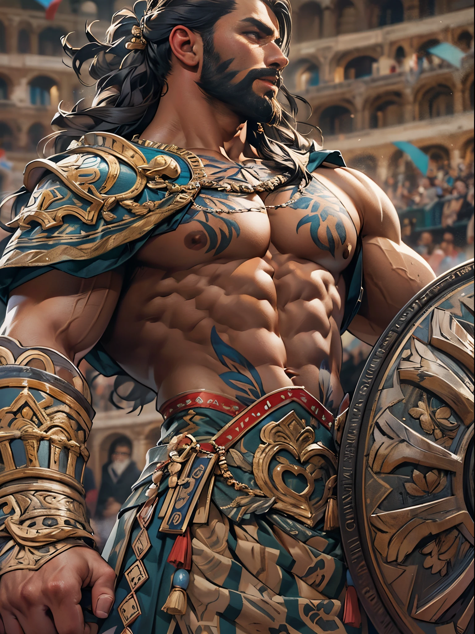 Mighty gladiator, upper torso exposed, legs unclothed from thighs to feet, flowing long curls, detailed muscular physique, lifelike depiction, 4K resolution. Background: Roman colosseum filled with cheering crowd.,32k uhd, best quality, masterpiece, super detail, high details