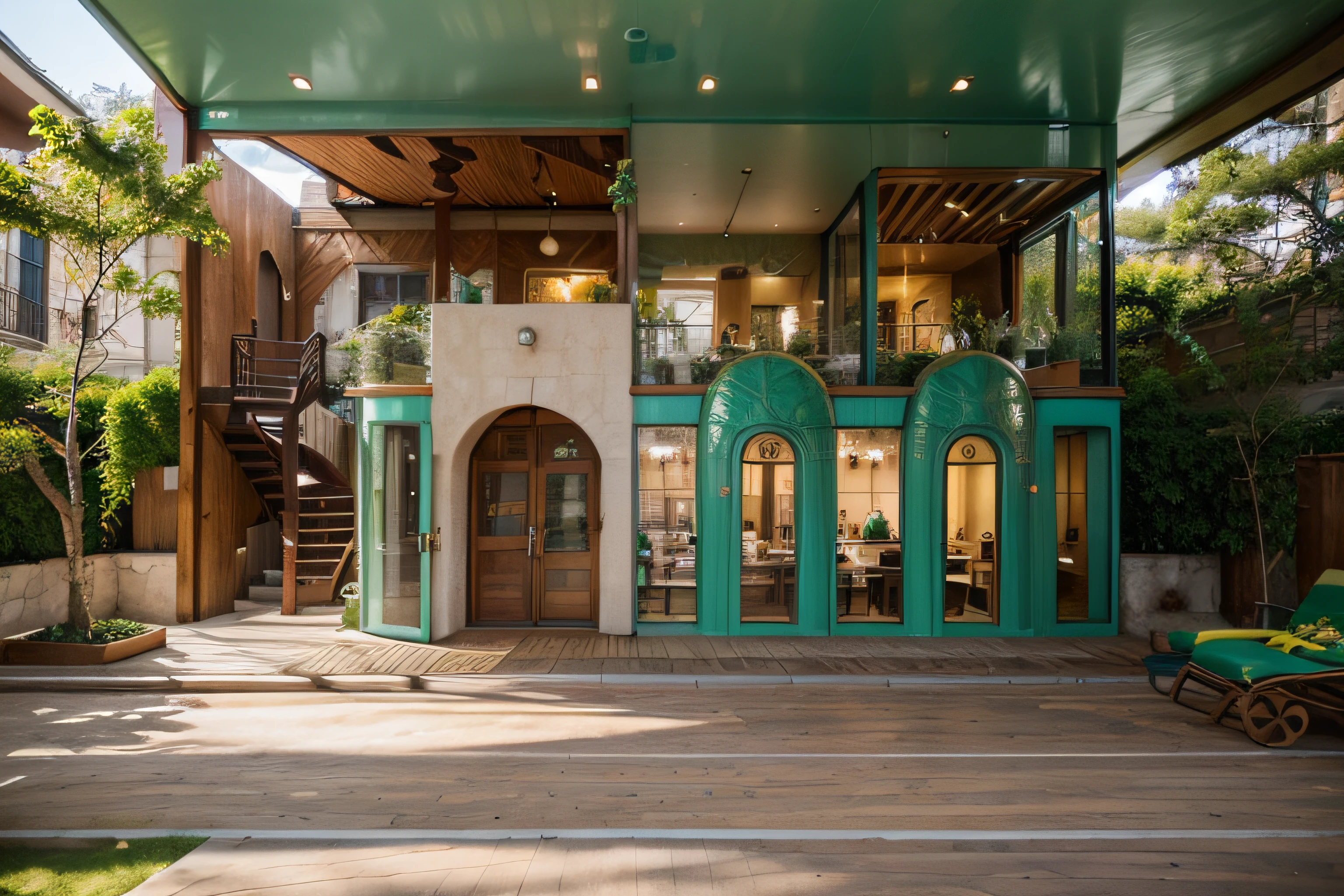 The exterior and interior design of the traditional-style café, combining the deep jewel tone of emerald green with classic pastel colors, warm wood tones, gold accents complementing earthy hues, patterned fabrics, along with an open and nature-integrated outdoor space, can be described as follows: The café's exterior showcases an expansive layout that seamlessly integrates with nature. Visitors are greeted by a vast outdoor space, its walls adorned with sophisticated emerald green patterns. Outdoor furniture made from warm woods like oak or cherry creates a relaxed ambiance, connecting patrons with the surrounding natural environment. Emerald green and classic pastel hues are employed in the interior décor, creating artistic and refined focal points within the café. Walls might feature the richness of emerald green, while smaller details like pendant lights, cushions, or wall art may incorporate classic pastel shades such as soft pink, light blue, or gentle green, fostering a sense of balance and warmth. Warm wood tones are extensively used in the interior, from sofas to chairs and various decorative elements. Oak, cherry, or mahogany woods impart a natural and rustic beauty, contributing to a cozy and traditional atmosphere. Gold accents combined with earthy tones like terracotta, saffron yellow, or olive green could be present in decorative elements like lamp bases, door handles, or mirror frames. This blending creates a touch of opulence and classicism in the space. Patterned fabrics featuring floral designs, paisley, damask, or toile are employed throughout the interior, adorning curtains, decorative pillows, and sofa upholstery, adding richness and allure to the café's interior. The spacious and nature-immersed outdoor area incorporates lush greenery, small gardens, or strategically placed plants, evoking a sense of tranquility and closeness to nature. This allows customers to savor their coffee in a serene and relaxing environment.