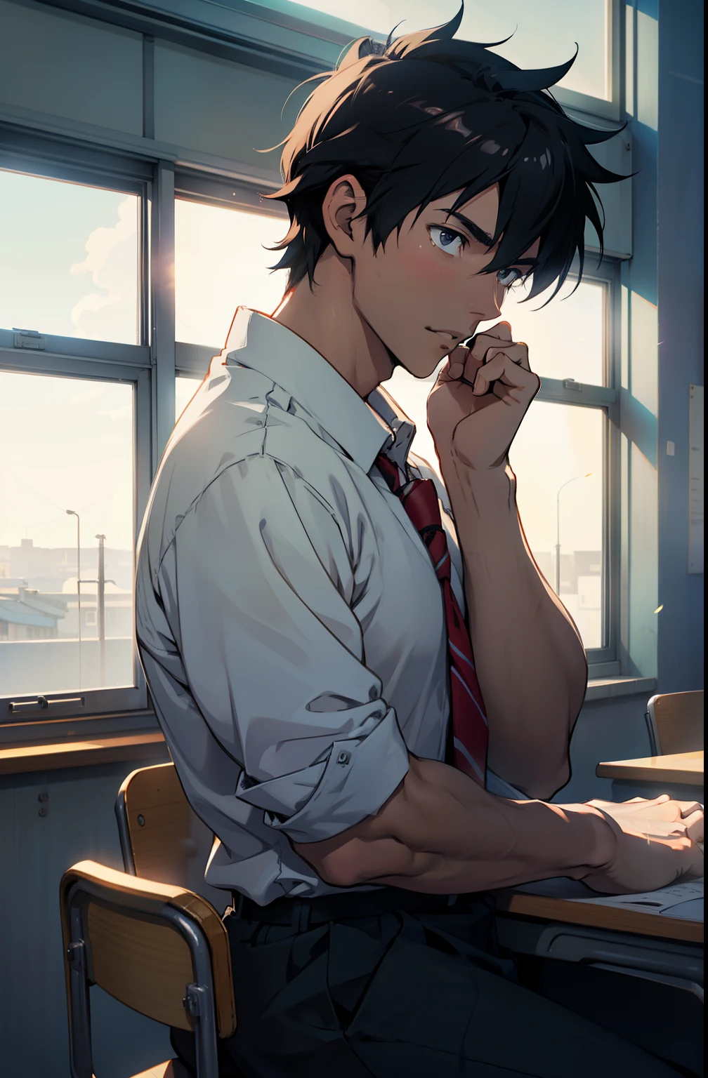 Refreshing and handsome school uniform male high school student，Sit in the back of the classroom，The desk was full of books，Holding his chin in his hand, he looked out the window gently，‎Classroom，full of sunlight，Hopeful，morningglow，Soft light，cinematric light，The low-purity tone，Lateral face，cute manbun hairstyle,Makoto Shinkai painting style，japan manga style，Full-HD.1080P.2K4K8K