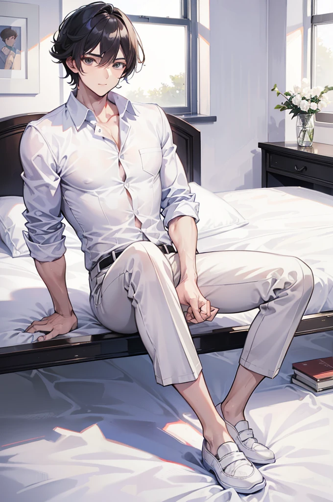 (of a man),boy,mature,gorgeous hairstyle,Handsome face,long leges,white shirt,Bedrooms