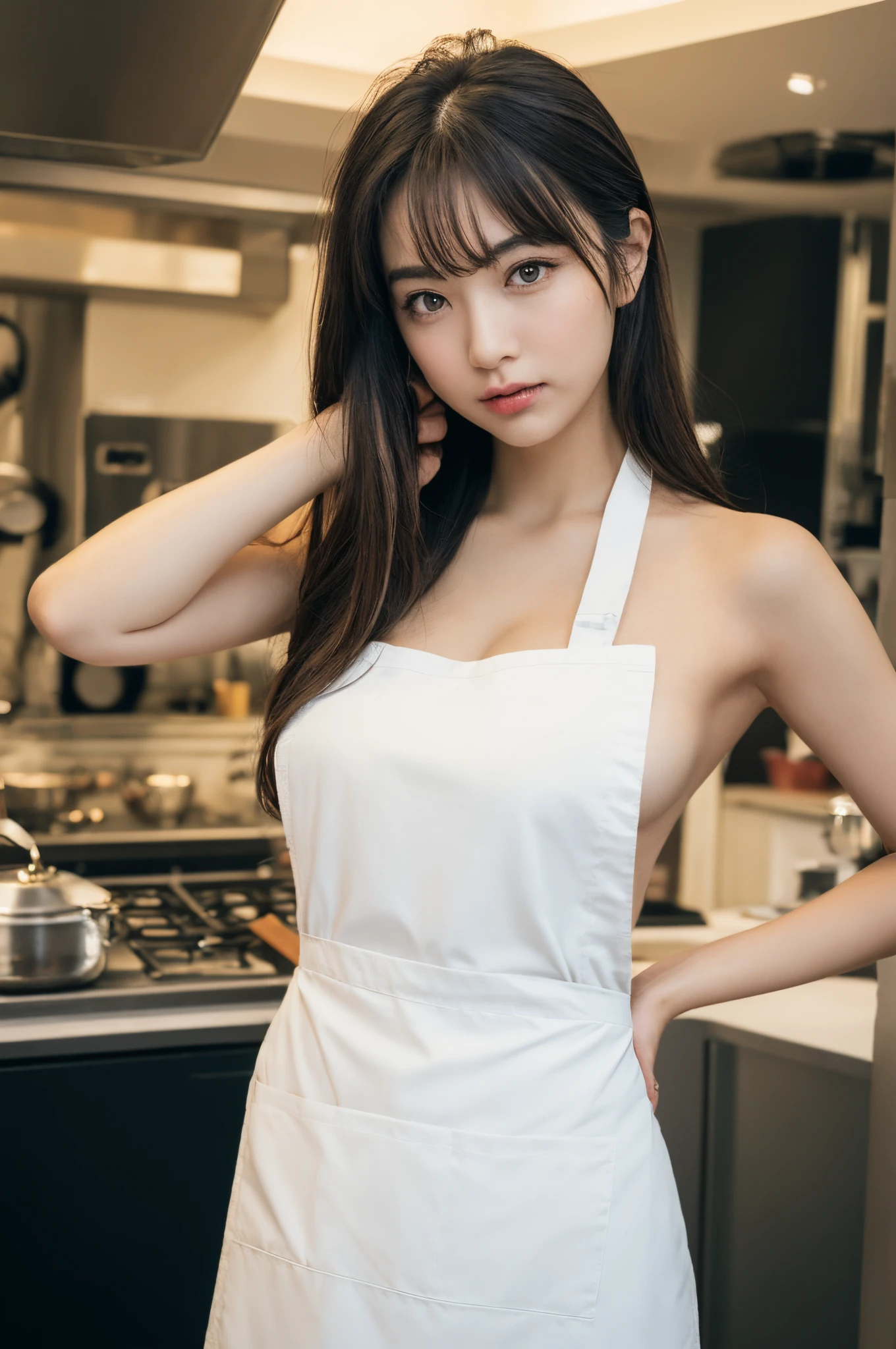 (8K、highest quality、master piece:1.2)、(real、フォトreal:1.37)、super detail、1 girl、((( Japanese girl)))、small breasts、beautiful woman、beautiful and perfect face、one person、(mouth closed)、beautiful eyes、kitchen、I&#39;m naked and wearing an apron, and I&#39;m bending forward at the front.、I&#39;m staring at you、The chest is hidden by the apron and cannot be seen.、I&#39;m not wearing underwear、angry face,