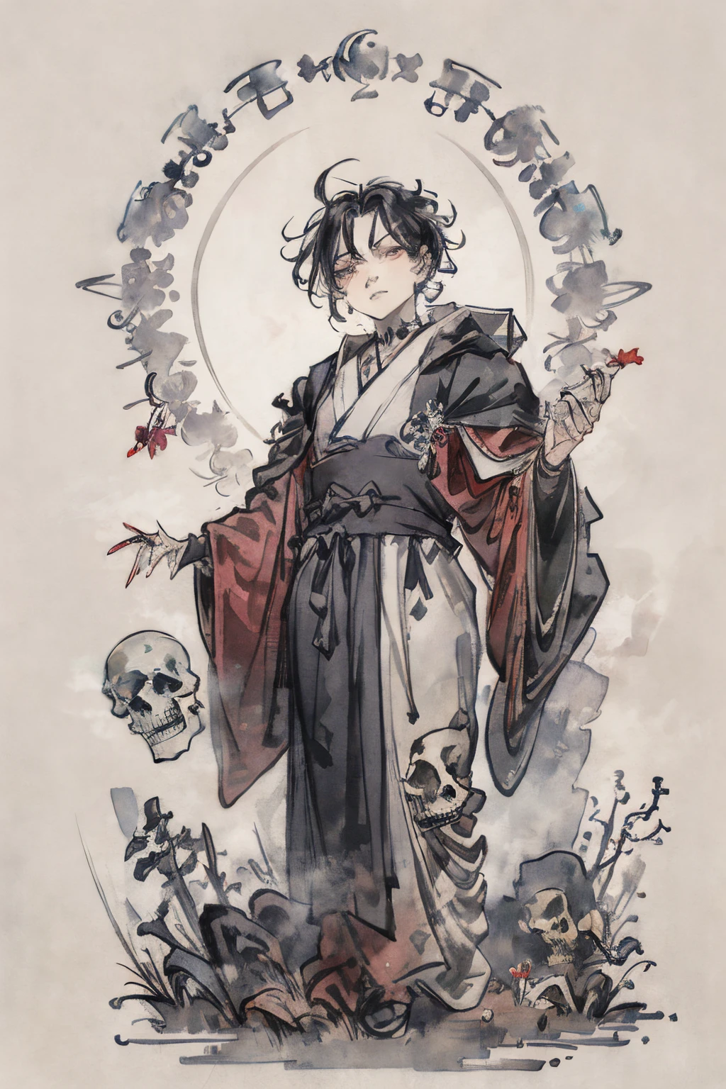 masutepiece, Best Quality, High resolution, full body, Details, detail hands, Detail fingers, Detail Face, detail legs, 1man, solo, wizard, watercolor paiting, in graveyard, skeltons, false face, gray robe, gray eyes, skeleton, skull, bone, black hair, amaryllis, necromancer,