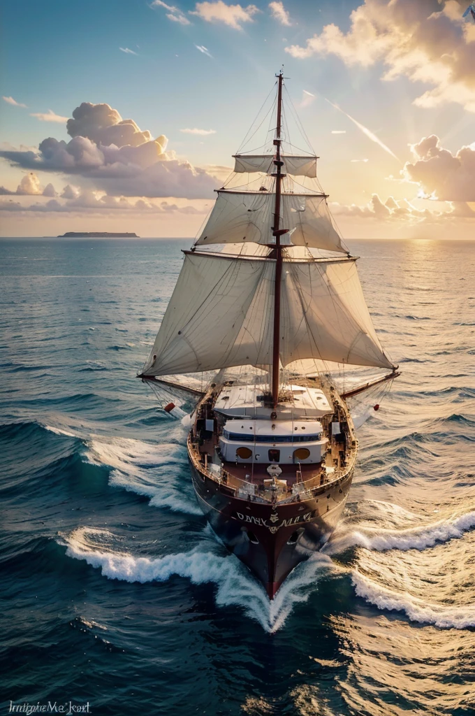 (realistic, highres), a ship, beautiful detailed sails, serene ocean, golden sunset, calm waves, vibrant colors, realistic reflections, gentle breeze, distant coastline, peaceful atmosphere, professional oil painting, warm color palette, soft lighting, masterful brushwork, intricate rigging, majestic vessel, tranquil seascape, expertly captured details, dynamic composition, stunning marine artwork, timeless beauty, captivating scene.