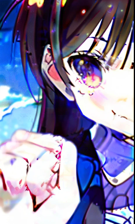 a woman in a blue jacket is standing with her hands up, (anime girl), “anime girl, cute anime girl, with index finger, anime girl with long hair, an anime girl, anime girl, young anime girl, pretty anime girl, profile of anime girl, beautiful anime girl, cute anime style, beautiful anime high school girl