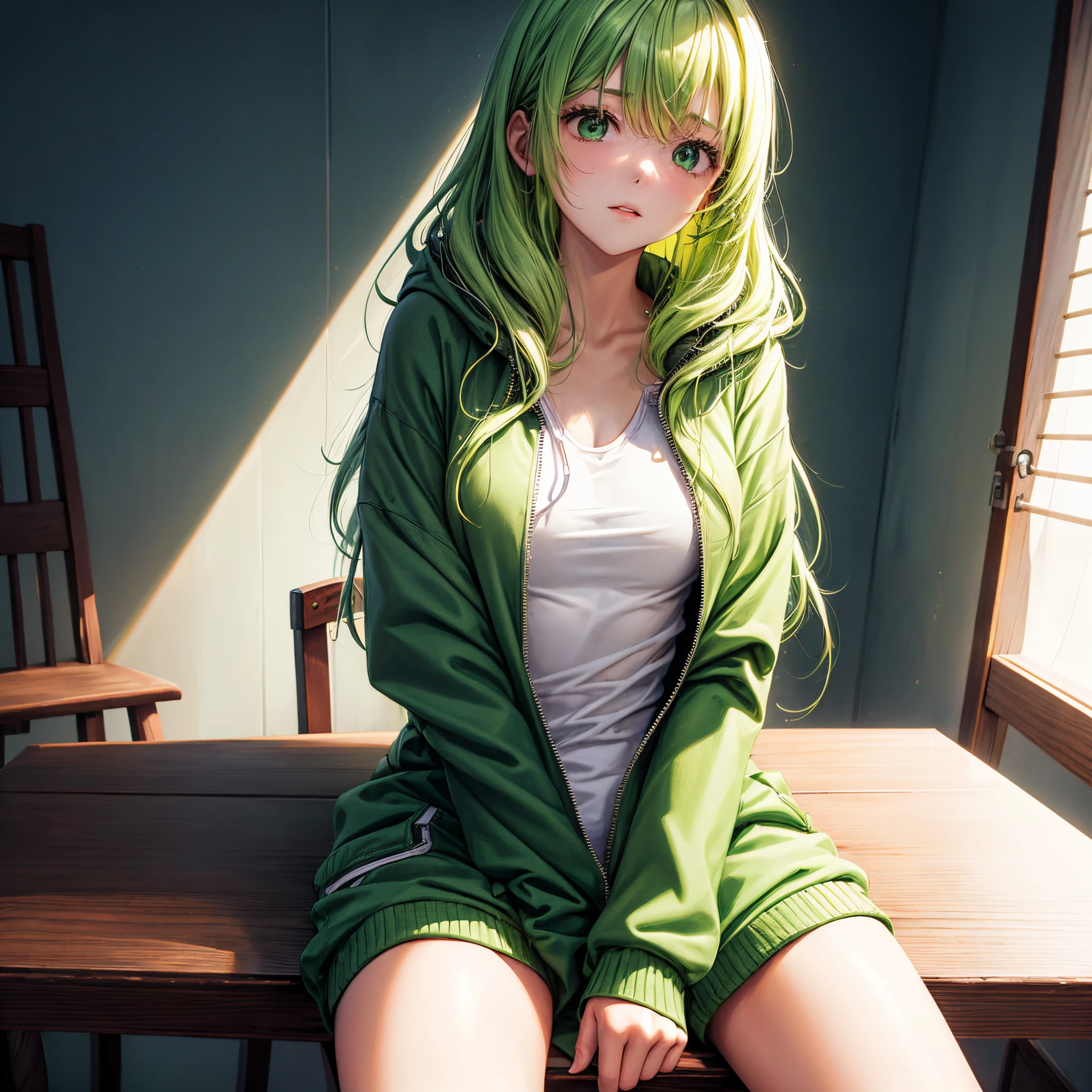 realisitic、top-quality、((One Woman:1.5))、Green hair、length hair、Wavy Hair、green zip-up hoodie、sit a chair、inside in room、Unzip、medium chest、No underwear、barechested、teats、pubick hair
