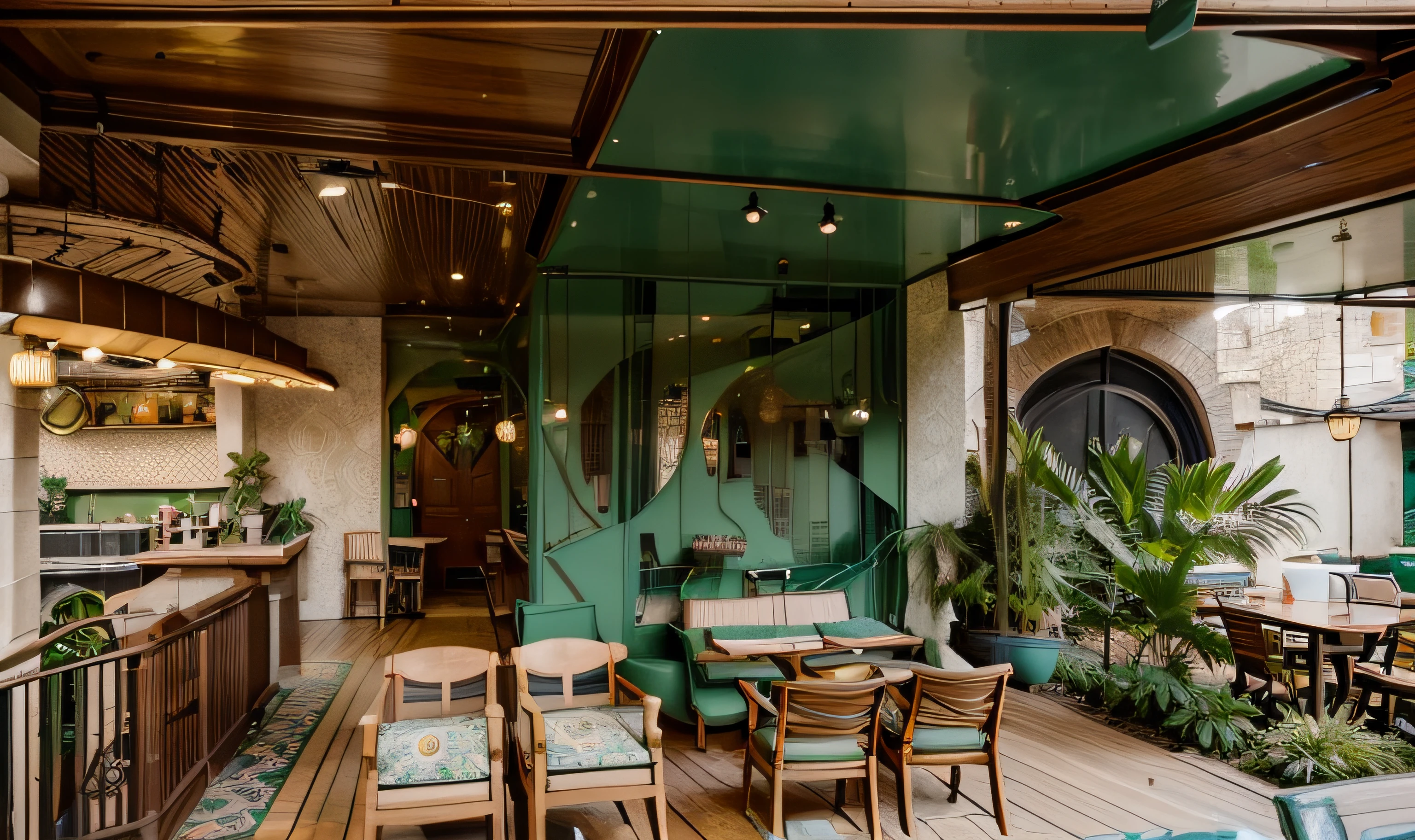 The exterior and interior design of the traditional-style café, combining the deep jewel tone of emerald green with classic pastel colors, warm wood tones, gold accents complementing earthy hues, patterned fabrics, along with an open and nature-integrated outdoor space, can be described as follows: The café's exterior showcases an expansive layout that seamlessly integrates with nature. Visitors are greeted by a vast outdoor space, its walls adorned with sophisticated emerald green patterns. Outdoor furniture made from warm woods like oak or cherry creates a relaxed ambiance, connecting patrons with the surrounding natural environment. Emerald green and classic pastel hues are employed in the interior décor, creating artistic and refined focal points within the café. Walls might feature the richness of emerald green, while smaller details like pendant lights, cushions, or wall art may incorporate classic pastel shades such as soft pink, light blue, or gentle green, fostering a sense of balance and warmth. Warm wood tones are extensively used in the interior, from sofas to chairs and various decorative elements. Oak, cherry, or mahogany woods impart a natural and rustic beauty, contributing to a cozy and traditional atmosphere. Gold accents combined with earthy tones like terracotta, saffron yellow, or olive green could be present in decorative elements like lamp bases, door handles, or mirror frames. This blending creates a touch of opulence and classicism in the space. Patterned fabrics featuring floral designs, paisley, damask, or toile are employed throughout the interior, adorning curtains, decorative pillows, and sofa upholstery, adding richness and allure to the café's interior. The spacious and nature-immersed outdoor area incorporates lush greenery, small gardens, or strategically placed plants, evoking a sense of tranquility and closeness to nature. This allows customers to savor their coffee in a serene and relaxing environment.