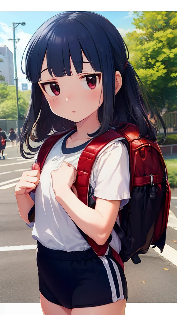 ***********, yukimi, 10 yo., long hair, blunt bangs, flat chest, expressionless, shy, full body, best quality, wearing navy buruma, short sleeve (white gym uniform with colored hem:1.3), carrying (randoseru backpack:1.4), bare legs, at park,