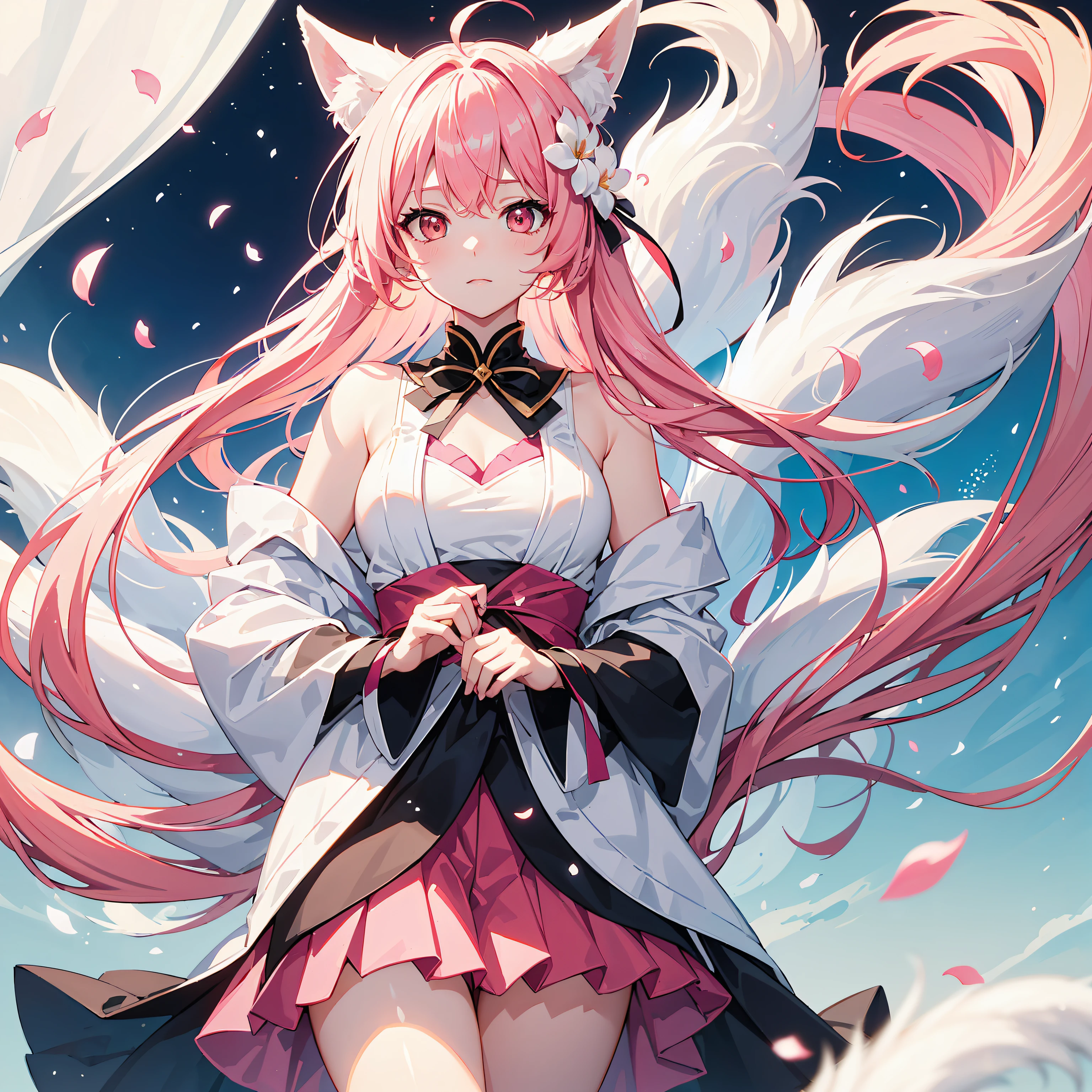Nine snow-white fox tails (1.0), Milky white fox tail (1.0), Close-up of nine-tailed fox, Nine tails, Nine tails, Anime manga girl,one with pink hair,Pink skirt,There are flowers on the hair, Very beautiful anime fox girl, pink flower rain, The background is blurred,